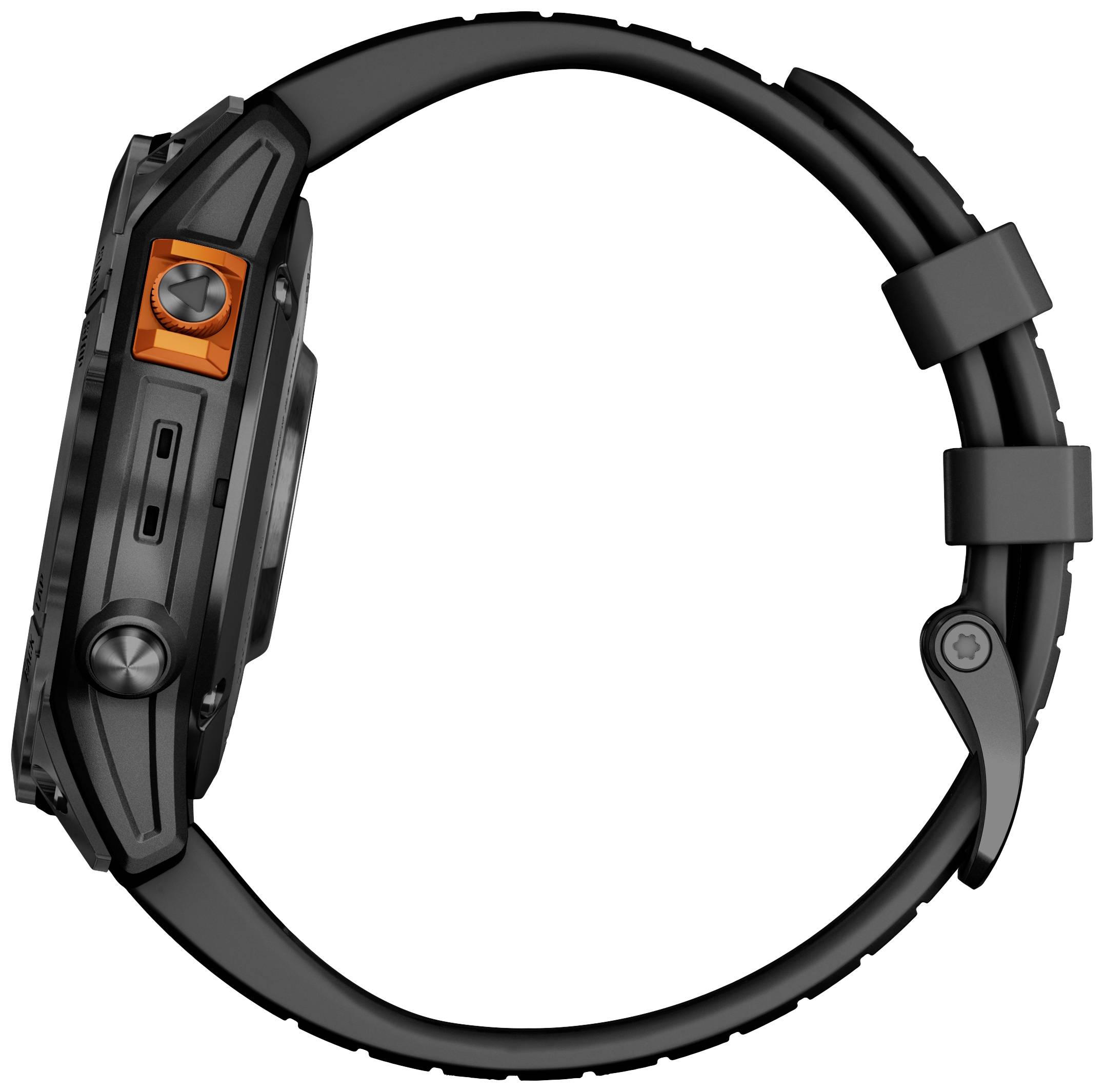 Seitenansicht einer robusten Armbanduhr mit schwarzem Gehäuse und orangefarbenem Knopf.