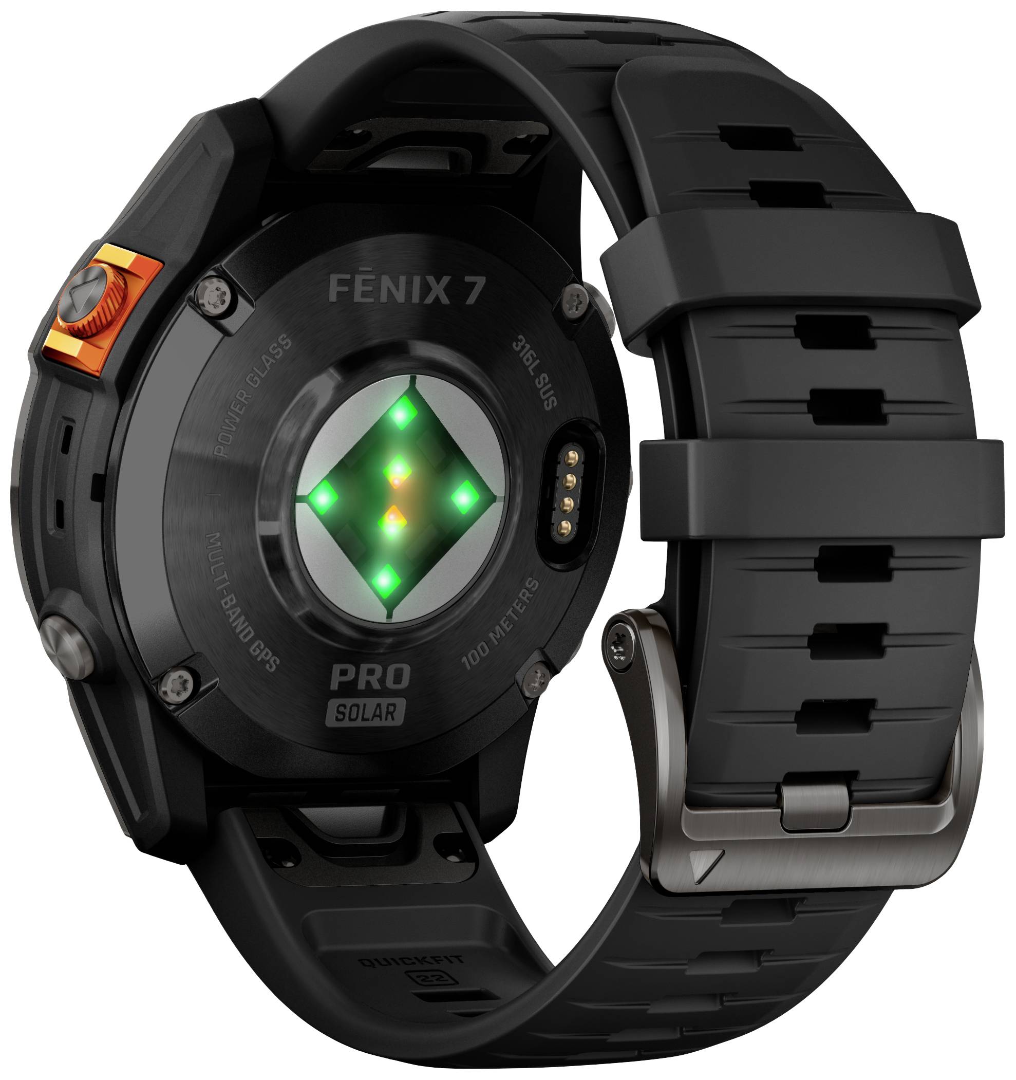 Schwarze Smartwatch-Rückseite mit grünen Sensorlichtern, Modellname 'Fenix 7'. Robustes Design mit schwarzem Armband.