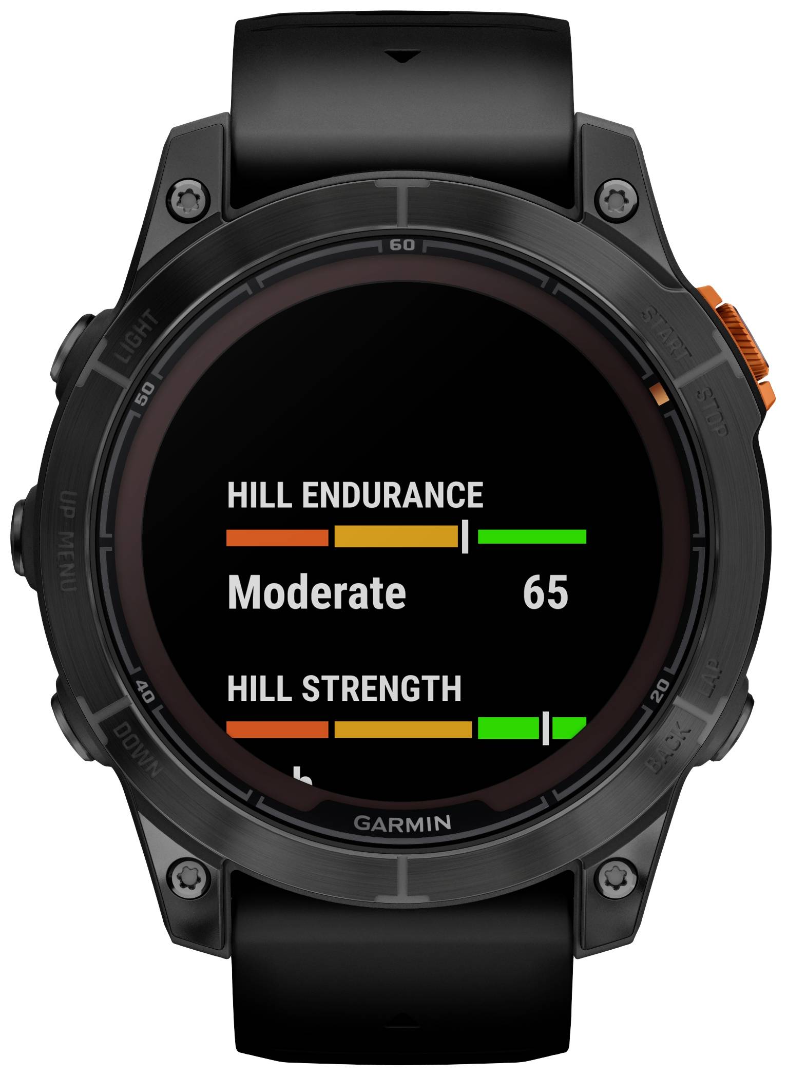 Smartwatch-Bildschirm zeigt 'Hill Endurance: Moderate' mit Wert 65 und 'Hill Strength' mit Grafikbalken an. Ein Fitness-Tracker.