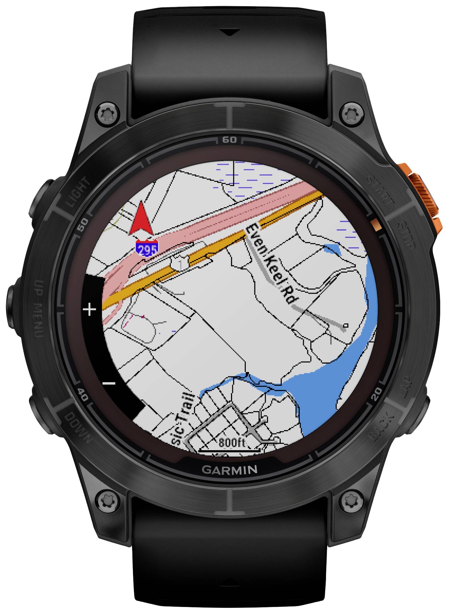 Digitale Karte auf einer Smartwatch mit Straßen, Wasserwegen und roten Markierungen. Straßenname 'Eleven Keel Rd' ist erkennbar.