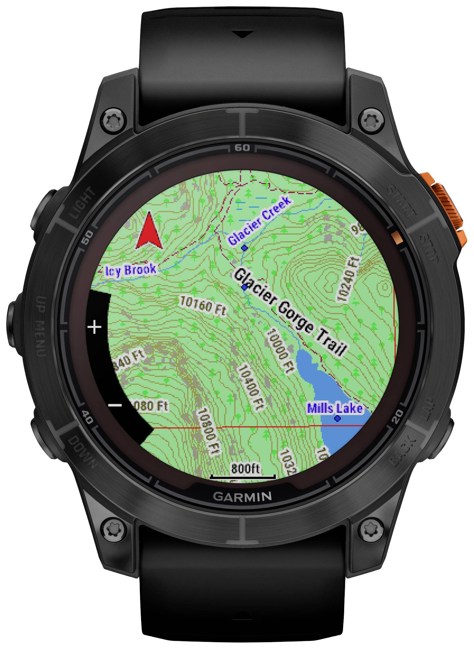 Eine Uhr mit GPS-Karte zeigt Wanderwege, Höhenlinien und Orientierungspfeile. Der 'Glacier Gorge Trail' und Benennungen wie 'Glacier Creek' sind sichtbar.
