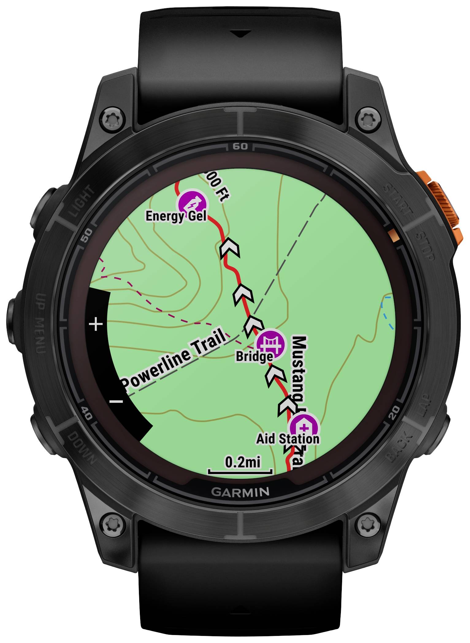 Eine Smartwatch zeigt eine Karte mit einer Route. Wichtige Punkte sind 'Energy Gel', 'Bridge' und 'Aid Station' markiert.