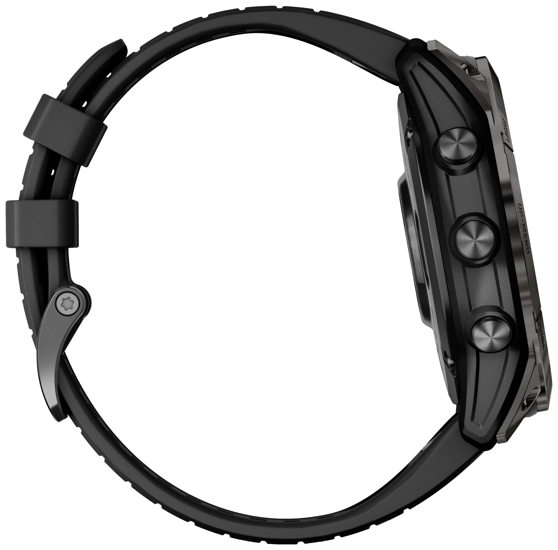 Seitliche Ansicht einer schwarzen Armbanduhr mit drei Knöpfen und einem schwarzen Armband.