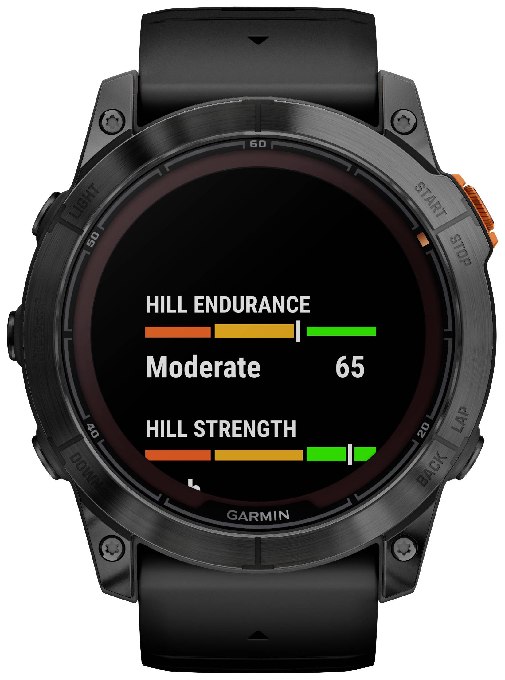 Smartwatch-Display zeigt Messwerte: Hill Endurance - Moderate 65, Hill Strength - niedrige Werte. Fitnessanzeige für Berglauftauglichkeit.