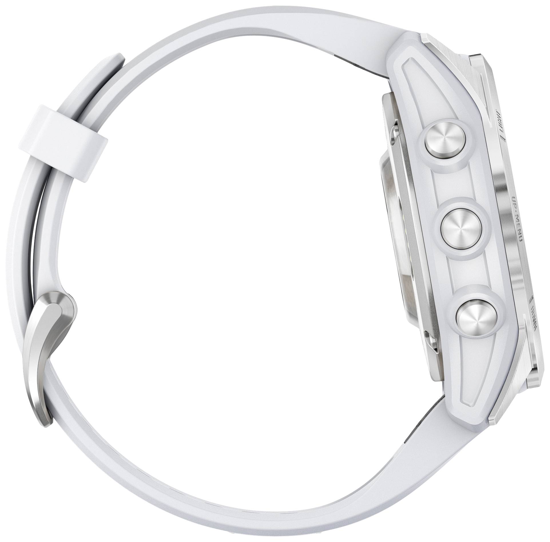 Eine silberne Uhr mit drei Tasten an der Seite, das Gehäuse ist aus Metall und das Armband weiß. Die Uhr ist aus der Seitenansicht zu sehen.