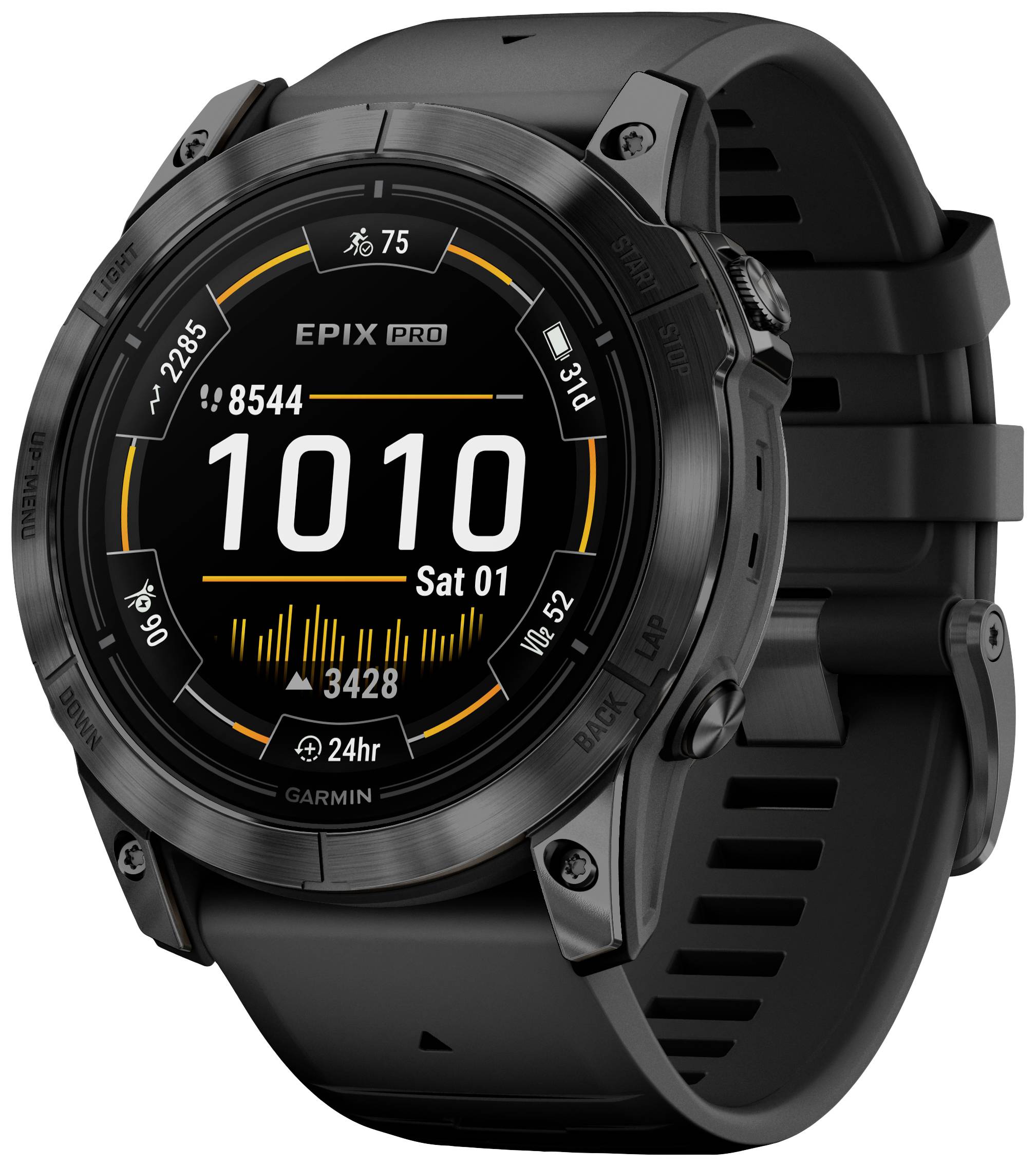 Schwarze Smartwatch mit rundem Display. Zeigt 'EPIX PRO', Schritte, Herzfrequenz und Datum 'Samstag 01'. Fitness-Tracking-Optionen sichtbar.
