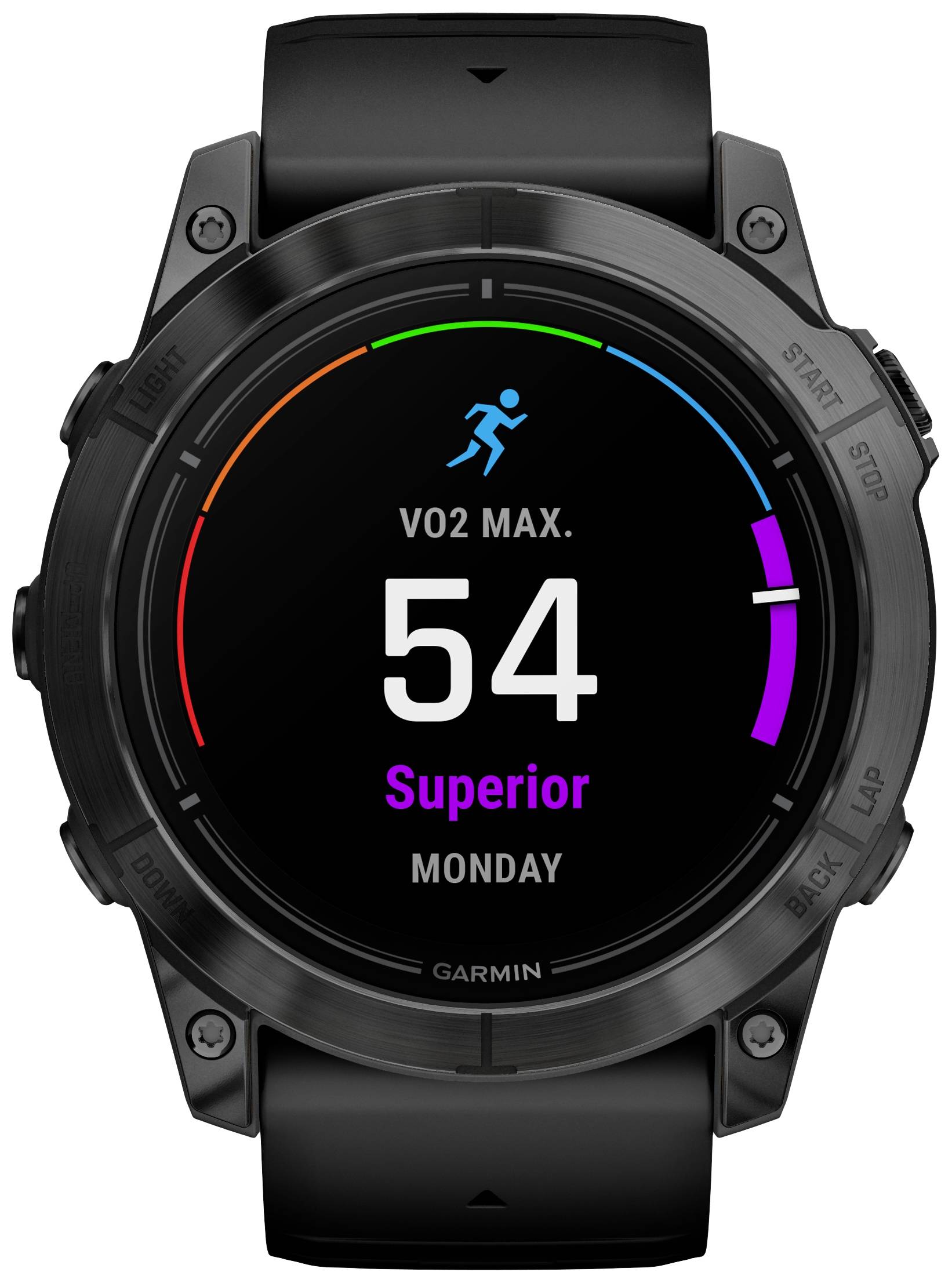 Smartwatch mit schwarzem Armband zeigt 'VO2 MAX. 54 Superior'. Display hat bunte Skala mit laufender Person-Ikone. Tag: Montag.