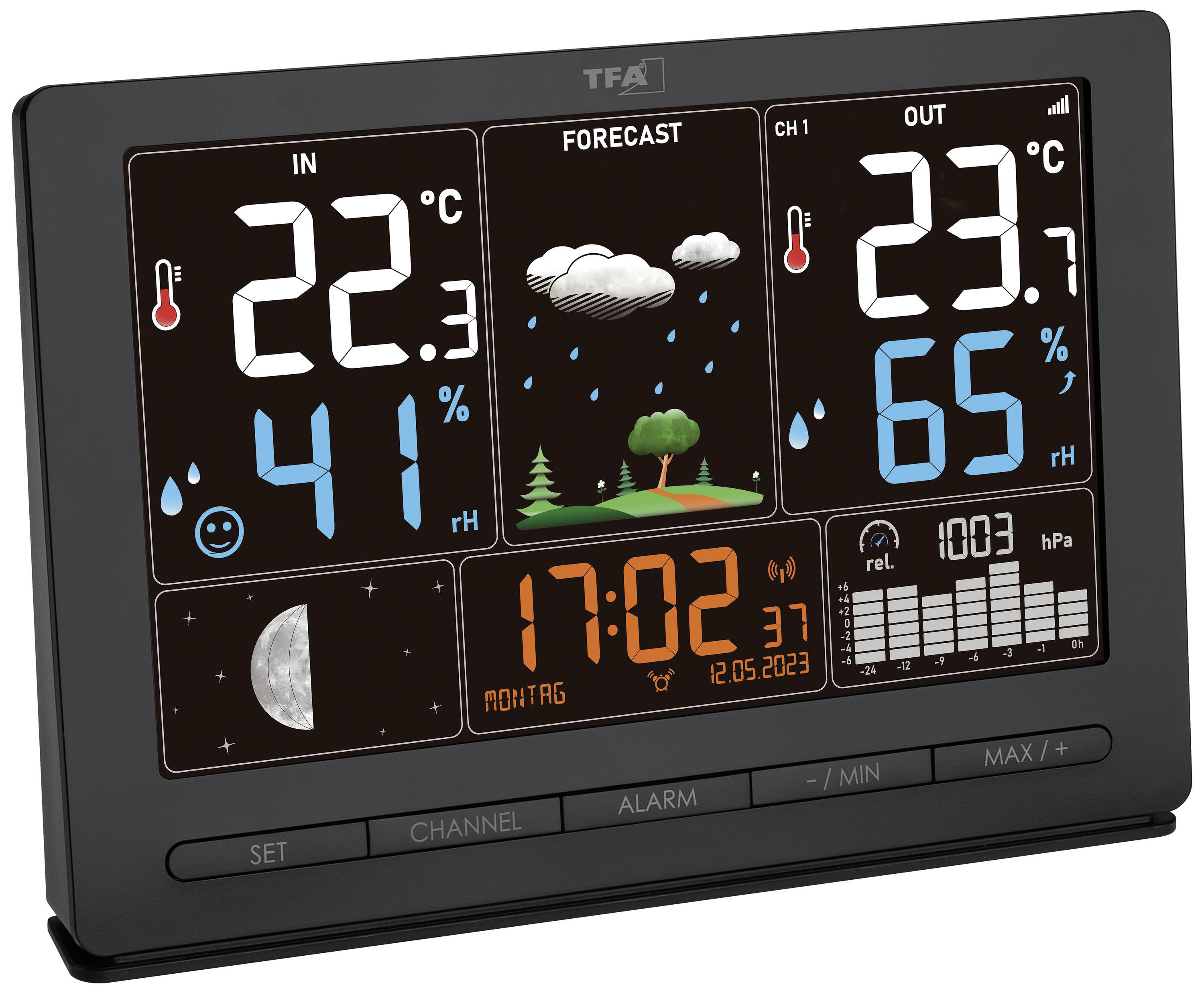 Digitales Wetterstation-Display zeigt: Innen 22,3°C, 41% Luftfeuchtigkeit; Außen 23,9°C, 65%; Vorhersage: Regen; Uhrzeit: 17:02, Datum: 12.05.2023.