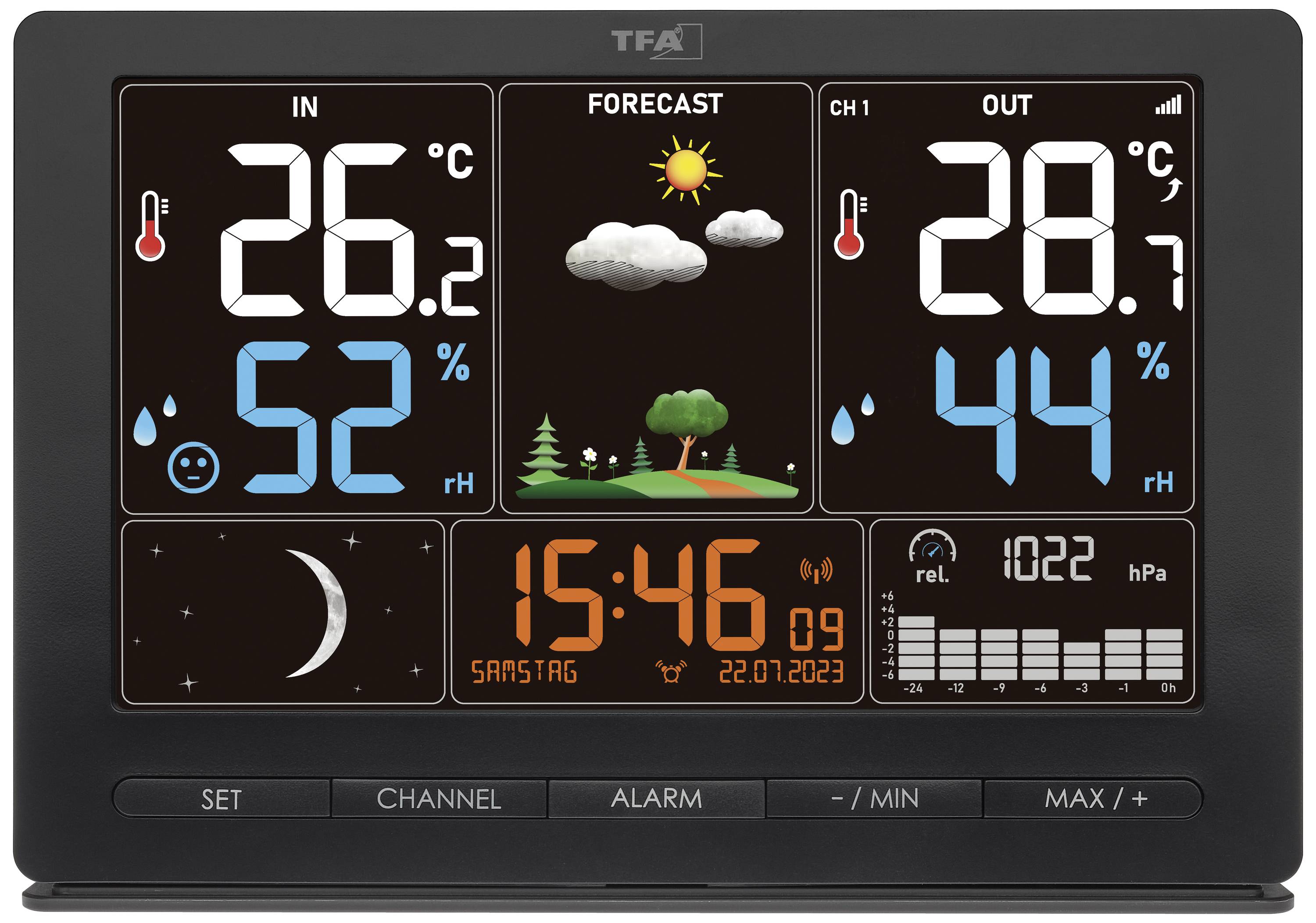 Digitales Thermometer und Hygrometer zeigt 26,2°C innen und 28,7°C außen, 52% und 44% Luftfeuchtigkeit. Wettervorhersage: sonnig. Aktuelle Uhrzeit: 15:46, Datum: 22.07.2023.