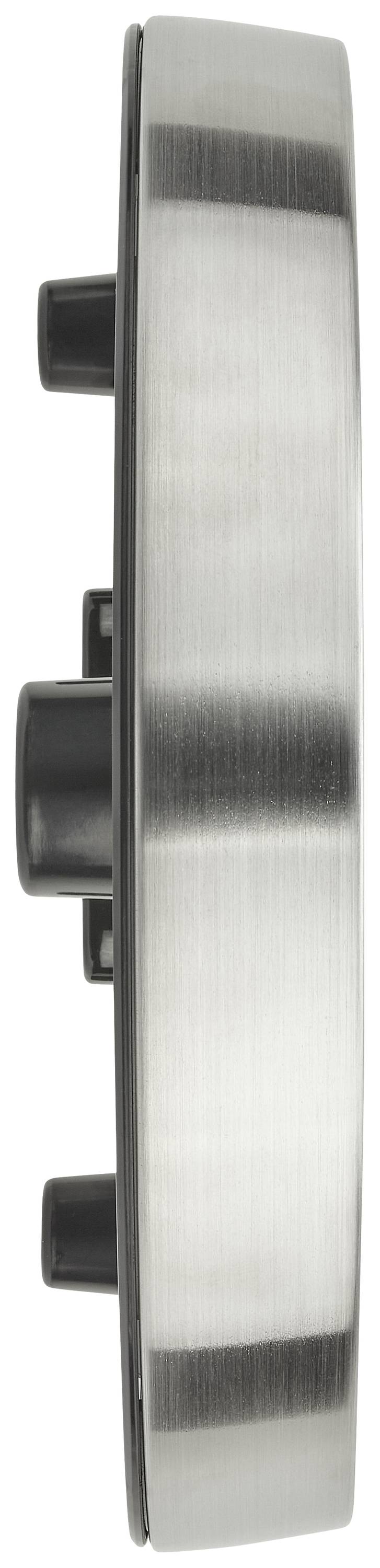 Seitenansicht eines Edelstahlkochtopfdeckels mit schwarzem Griff und Knöpfen.