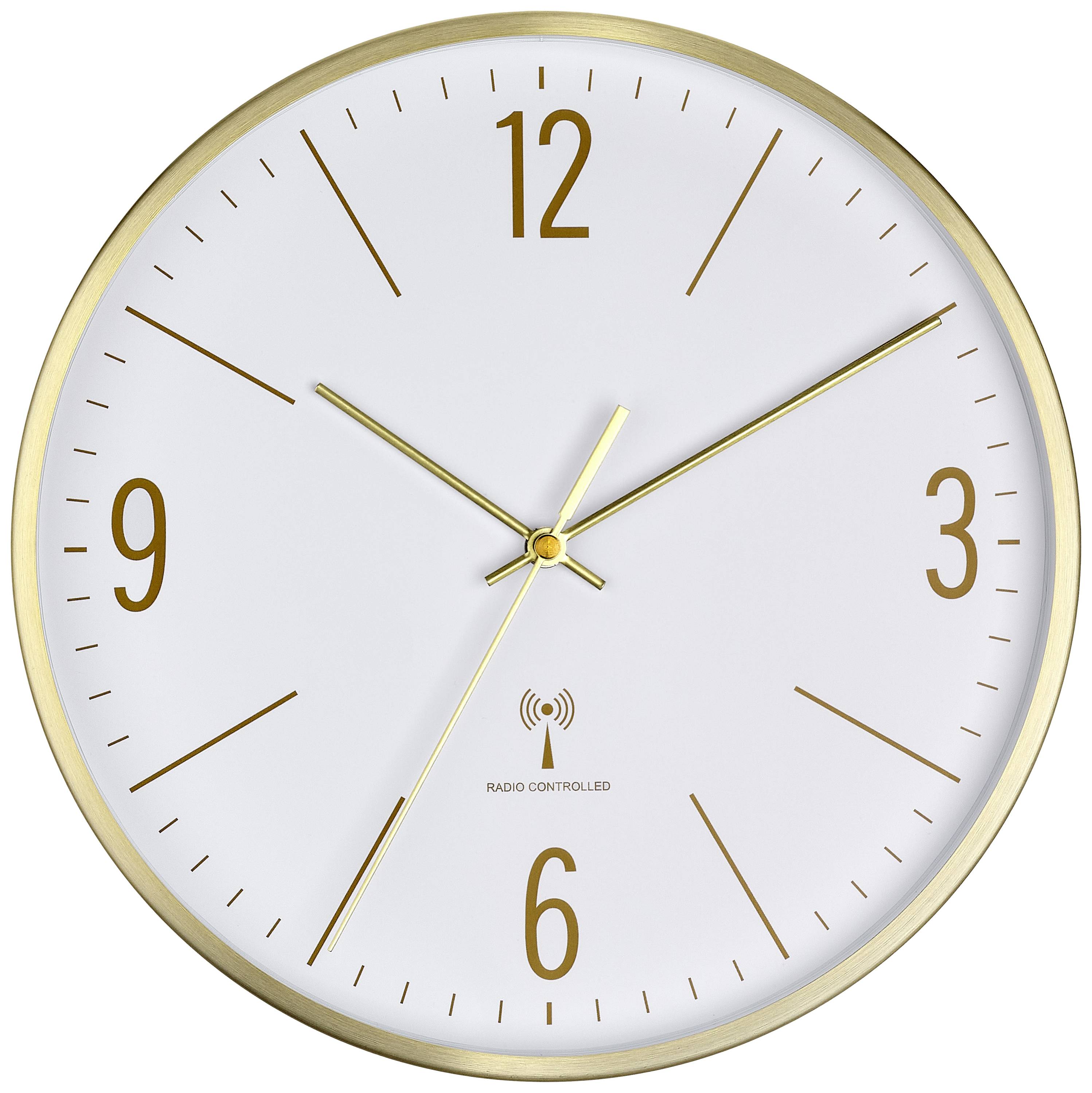 Eine analoge Wanduhr mit goldenen Zeigern und Ziffern im minimalistischen Design zeigt 10:10 Uhr.