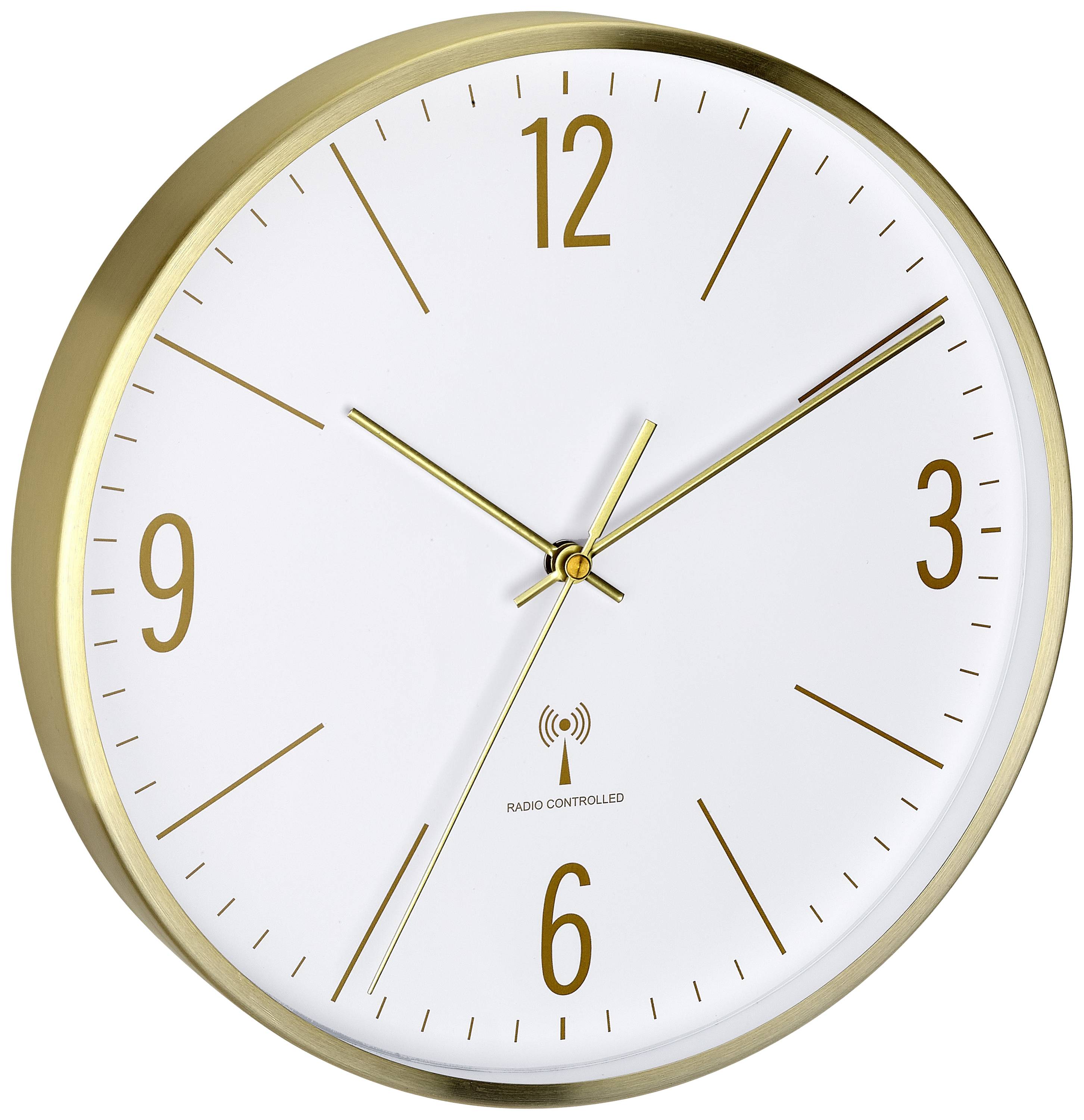 Analoguhr mit goldfarbenem Rand und Zeigern, zeigt 10:10 Uhr an. Große Ziffern bei 12, 3, 6 und 9. Funkbetrieben.