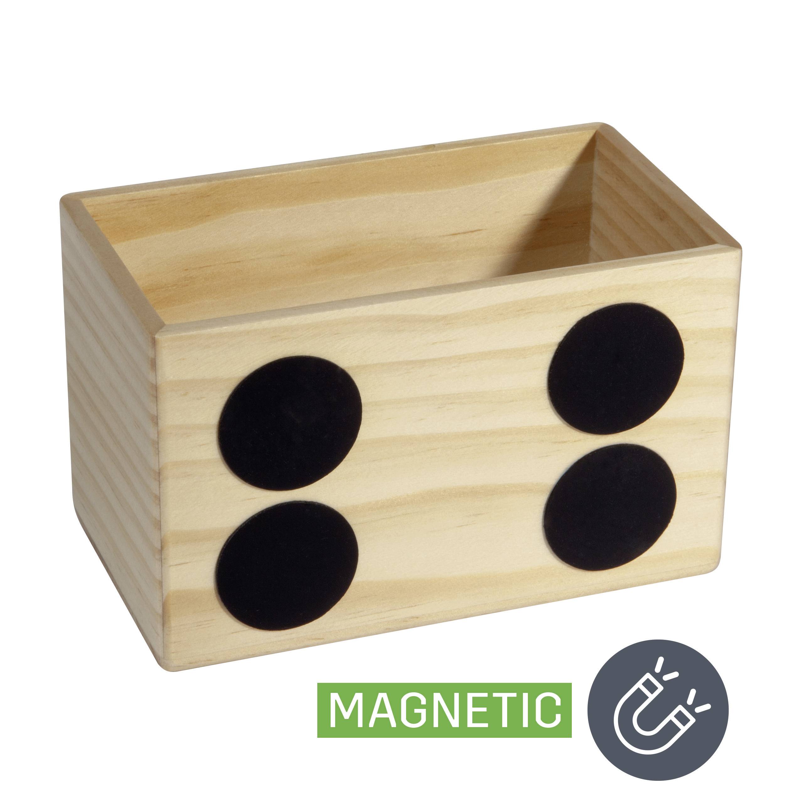 Holzbox mit vier schwarzen Magneten auf der Außenseite. Unten ein Icon mit Magnet-Symbol und dem Wort 'MAGNETIC'.