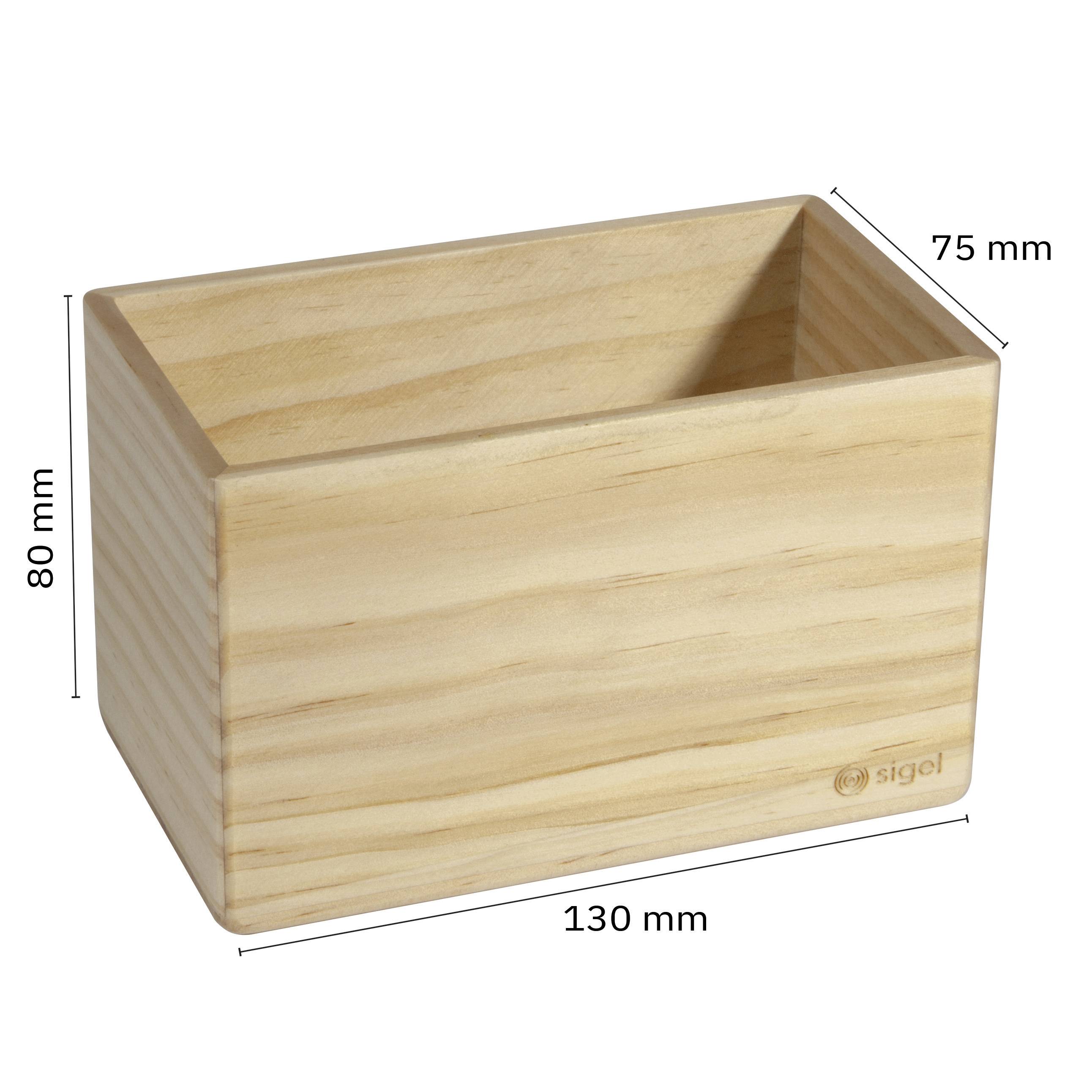 Rechteckige Holzbox mit den Maßen 130 mm x 80 mm x 75 mm.
