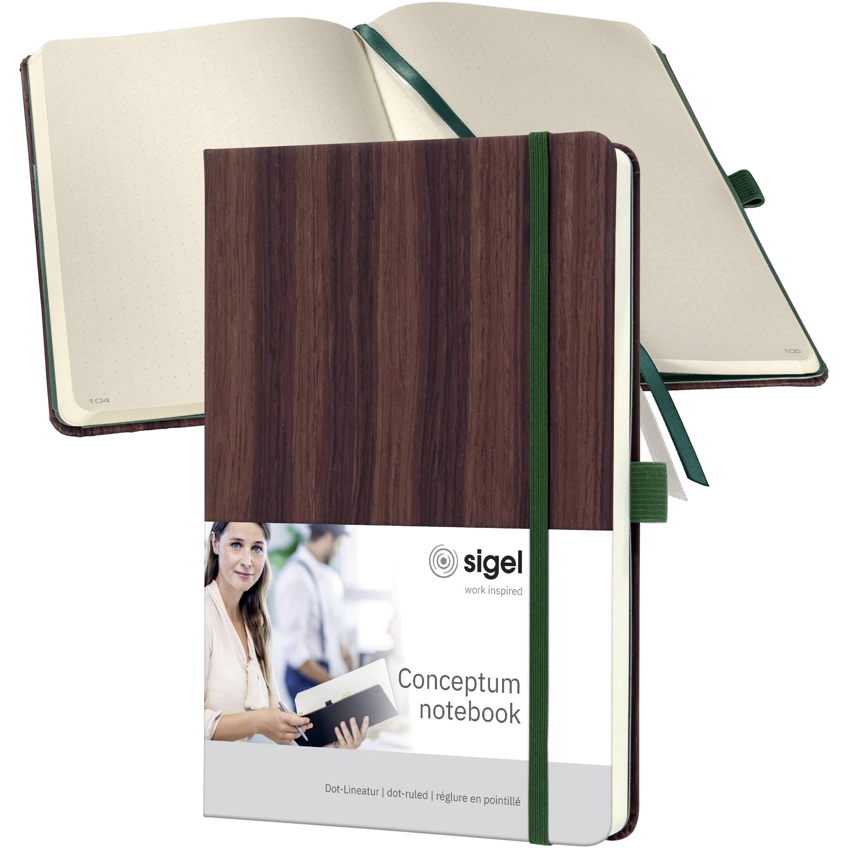 Notizbuch mit Holzoptik, grünem Gummiband und Lesezeichen. Auf der Banderole ist der Markenname 'sigel' und 'Conceptum notebook' zu sehen.