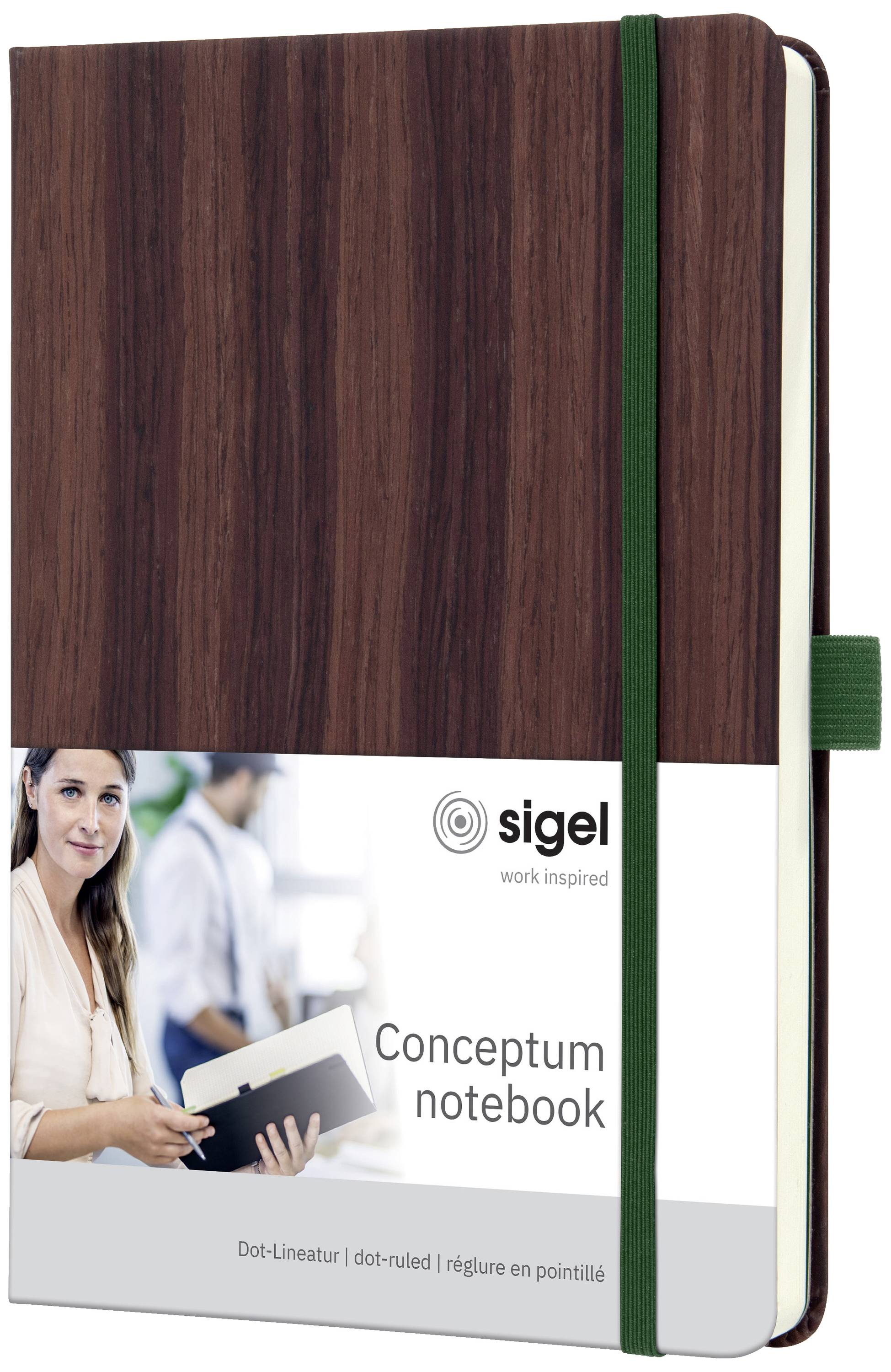 Notizbuch mit Holzoptik, elastischem Verschlussband und beschriftbarer Banderole 'Conceptum notebook' von sigel.