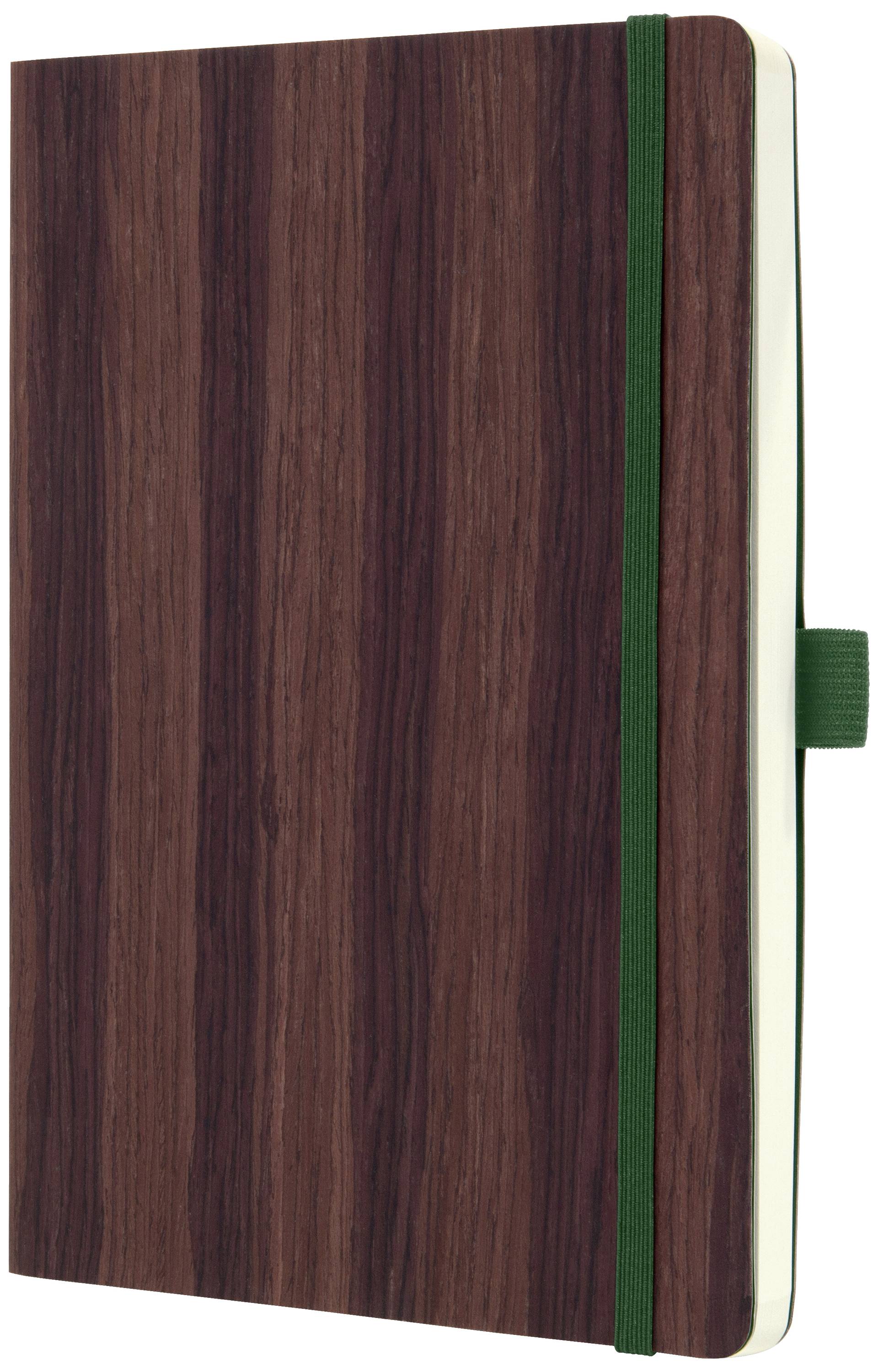 Notizbuch mit braunem Holzmaserungsdesign und grünem Verschlussband, stehende Ansicht.