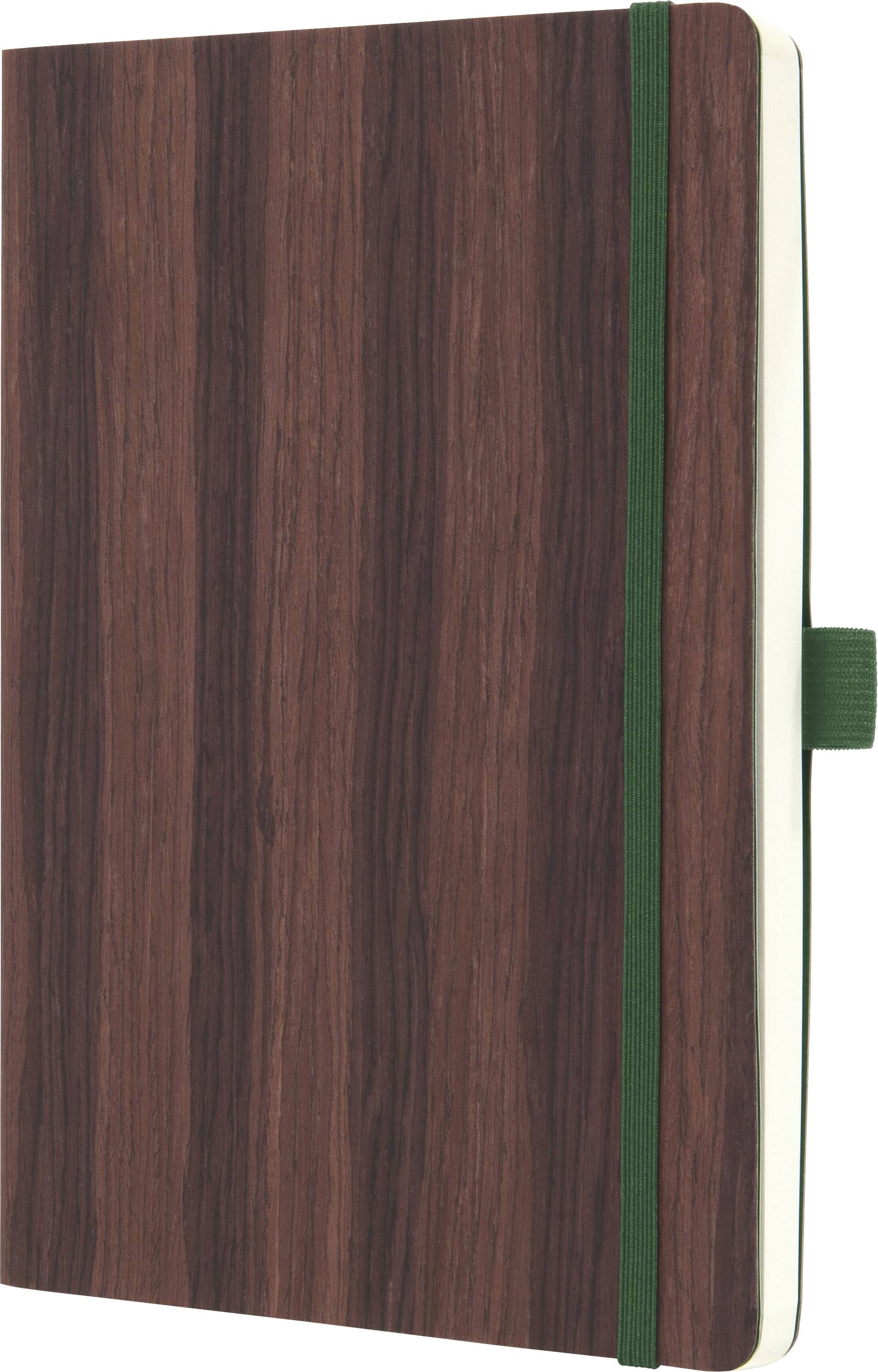 Geschlossenes Notizbuch mit dunkelbraunem Holzmaserungsdesign auf dem Einband, grünem Gummiband und cremefarbenen Seiten an der rechten Kante