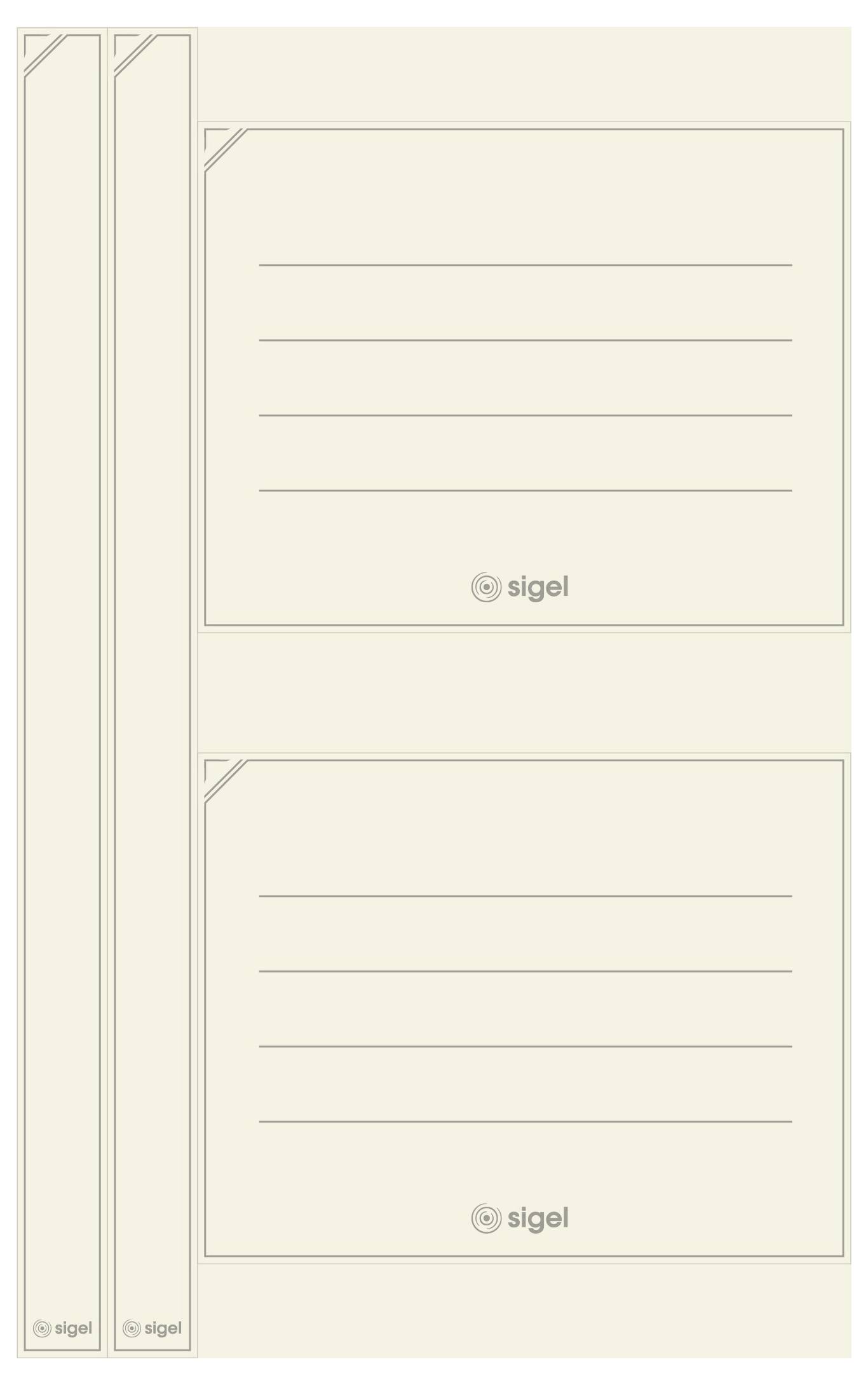 Ein beigefarbenes Notizbuch oder Schreibblock mit zwei linierten Notizfeldern und zwei schmalen seitlichen Registern, jedes mit "sigel" gekennzeichnet.