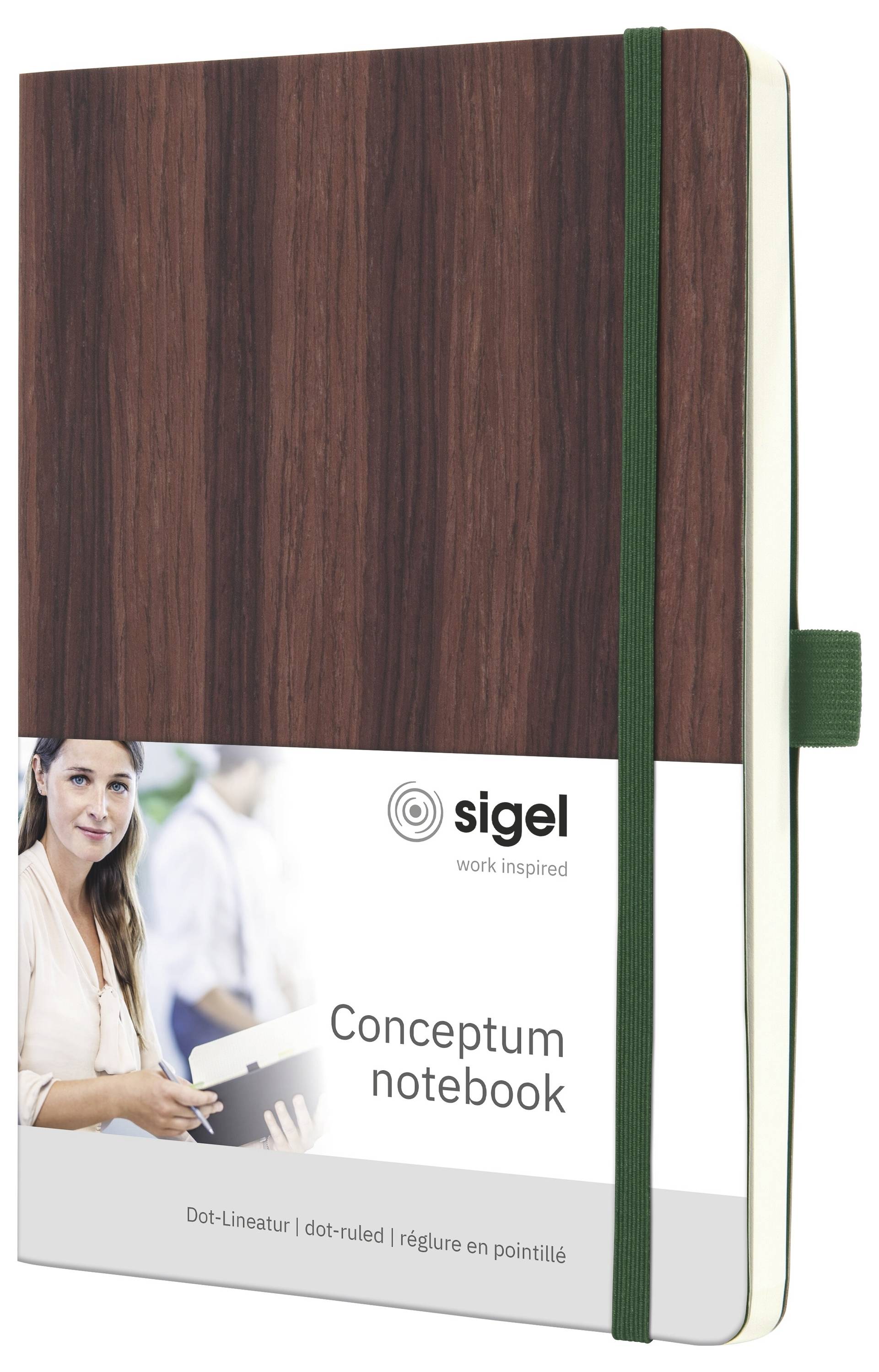 Notizbuch 'Conceptum' von Sigel mit Holzmaserung in Braun, weißem Umschlagband und grünem Verschlussband, aufrecht wie ein Journal dargestellt.