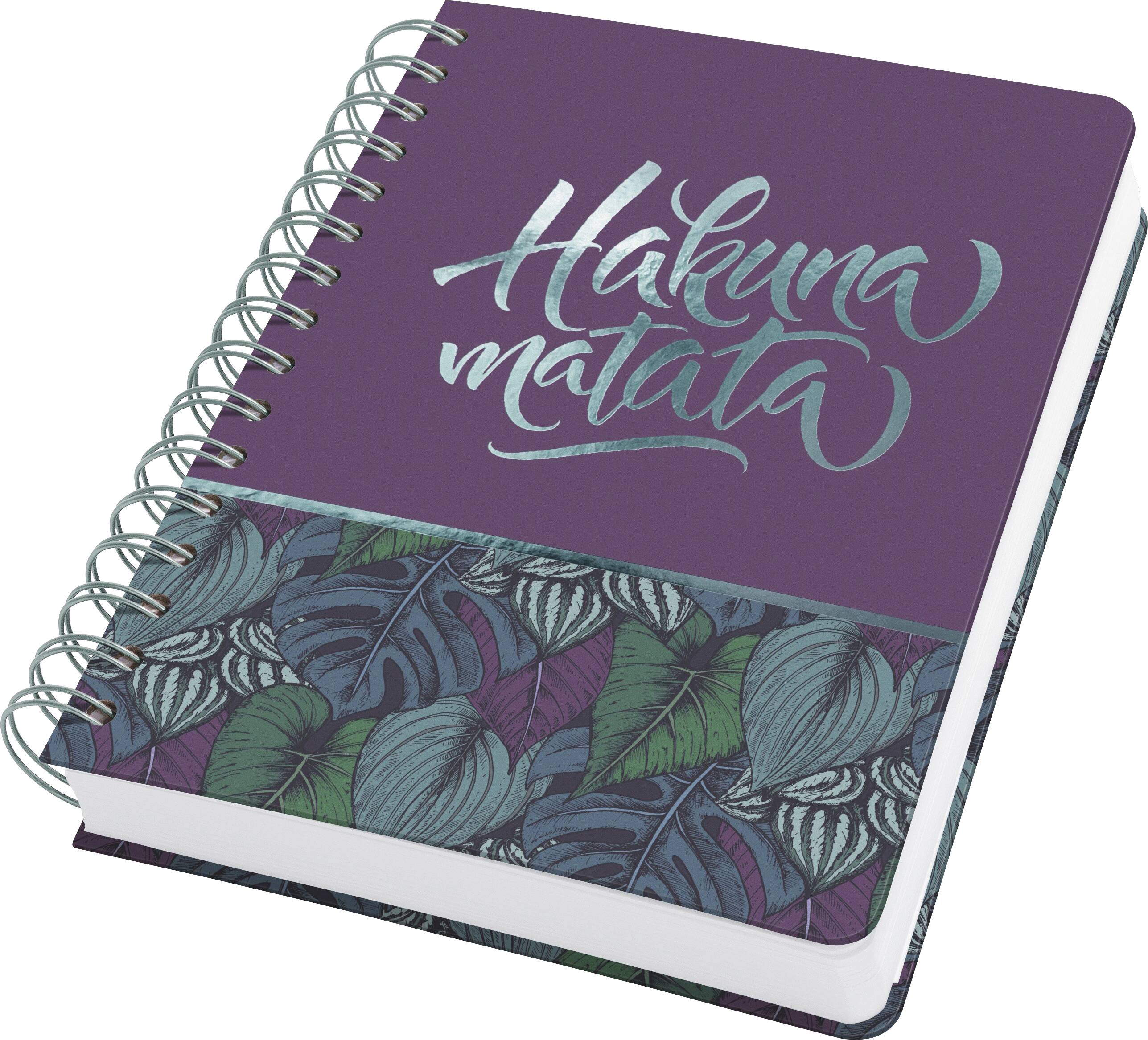 Lila Spiralnotizbuch mit tropischem Blattmuster und dem Schriftzug „Hakuna matata