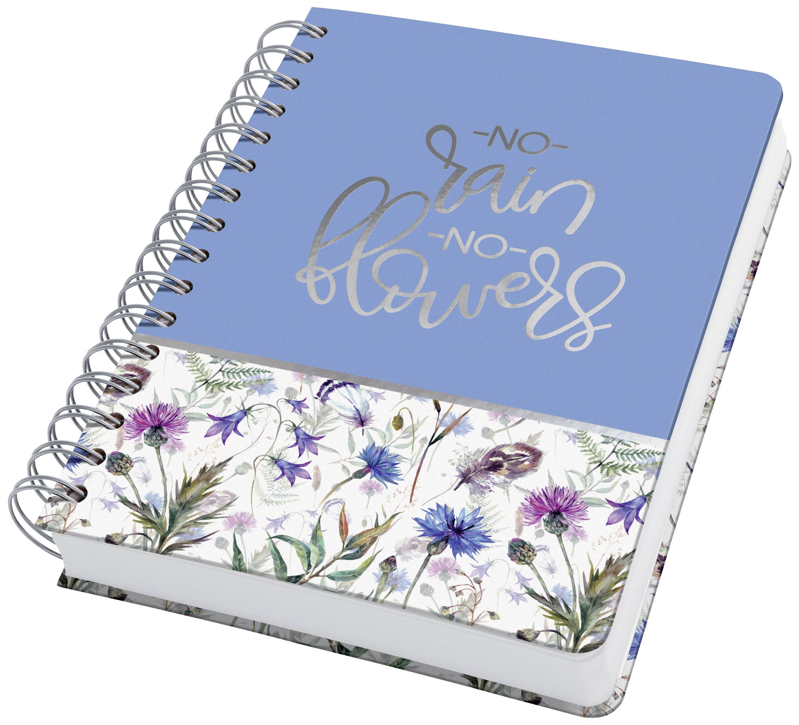Notizbuch mit blauer Abdeckung, darauf der Text 'No rain no flowers'. Unterhalb Blumenmuster, Spiralbindung sichtbar.