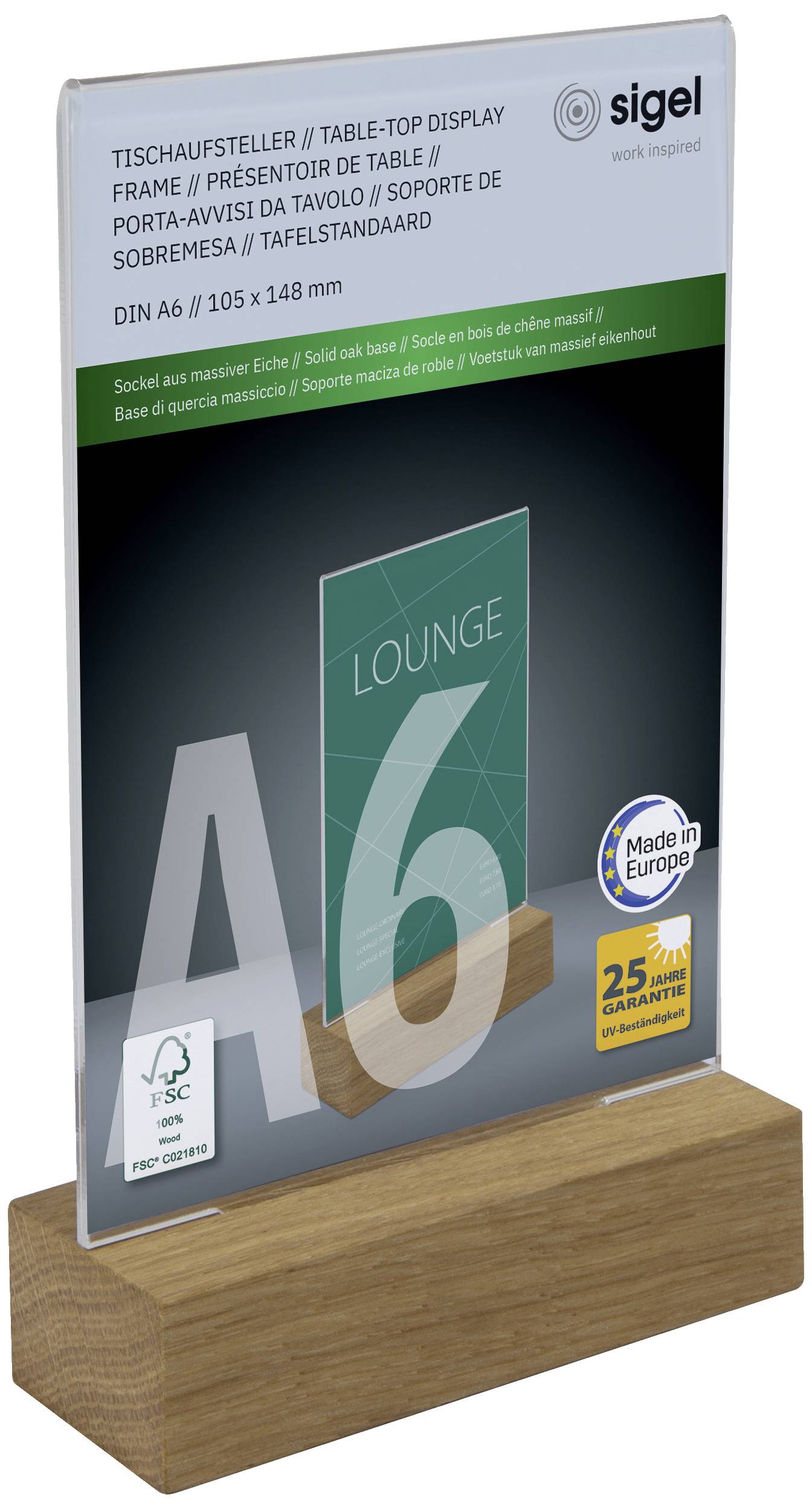 Sigel TA252 Tischaufsteller Verwendung für Papierformat: DIN A6 Glasklar, Holz 1St.