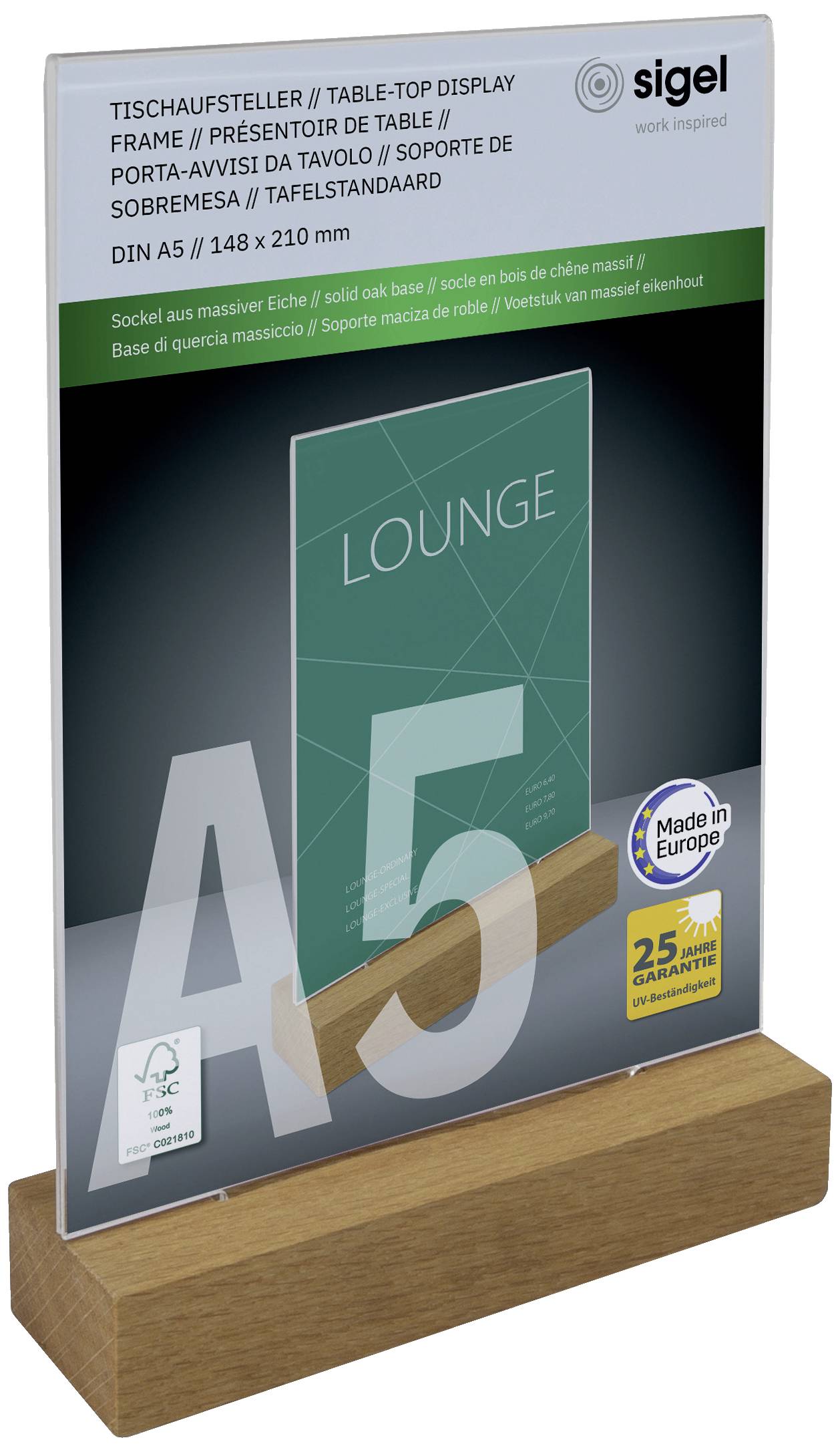 Sigel TA254 Tischaufsteller Verwendung für Papierformat: DIN A5 Glasklar, Holz 1St.