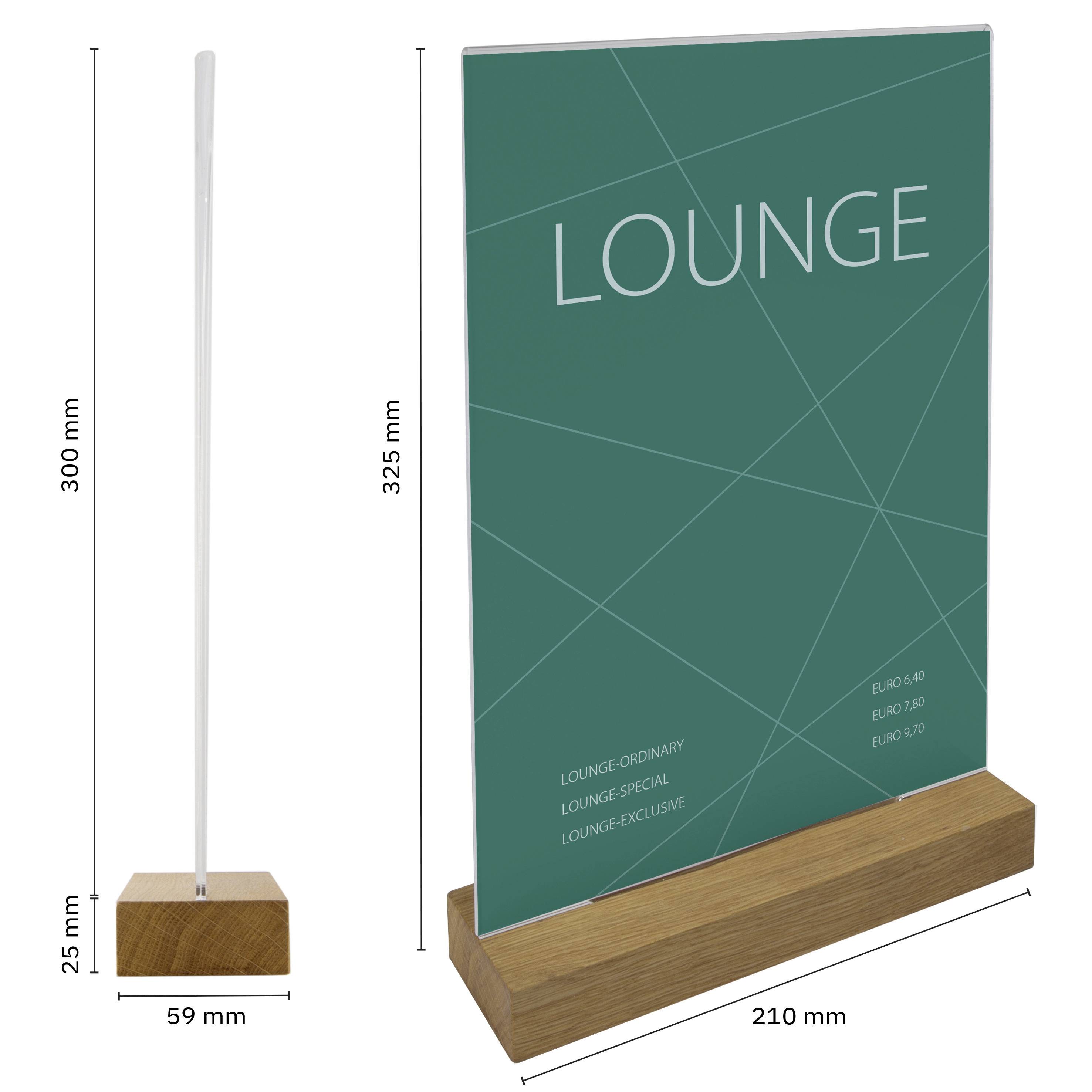 Tischaufsteller mit Holzfuß, grünem Schild und weißer Aufschrift 'LOUNGE', Maße: 325x210 mm. Preisliste an der Seite.