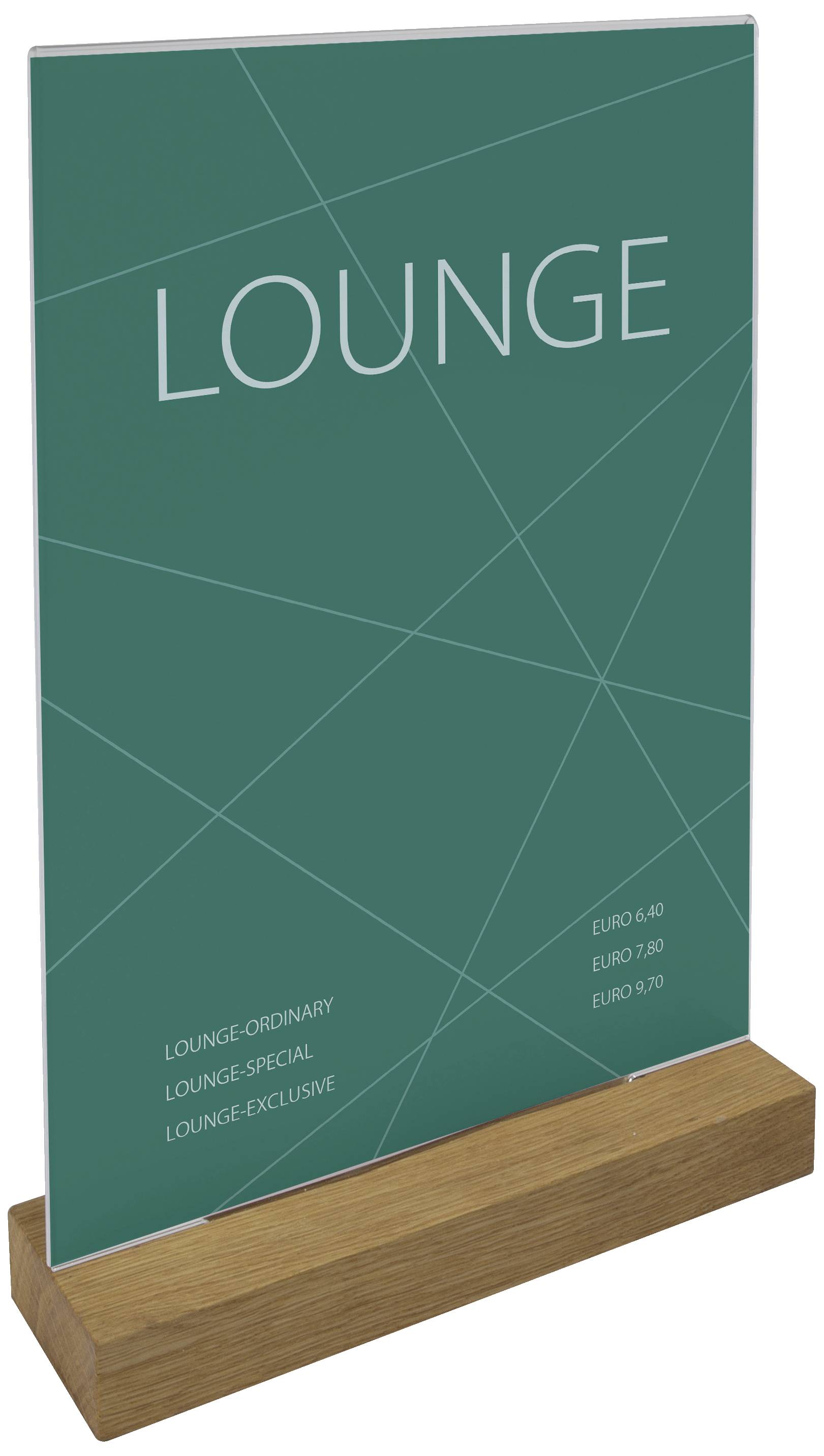 Ein grünes Schild mit der Aufschrift 'LOUNGE', darunter stehen 'LOUNGE-ORDINARY', 'LOUNGE-SPECIAL', 'LOUNGE-EXCLUSIVE' mit Preisen.