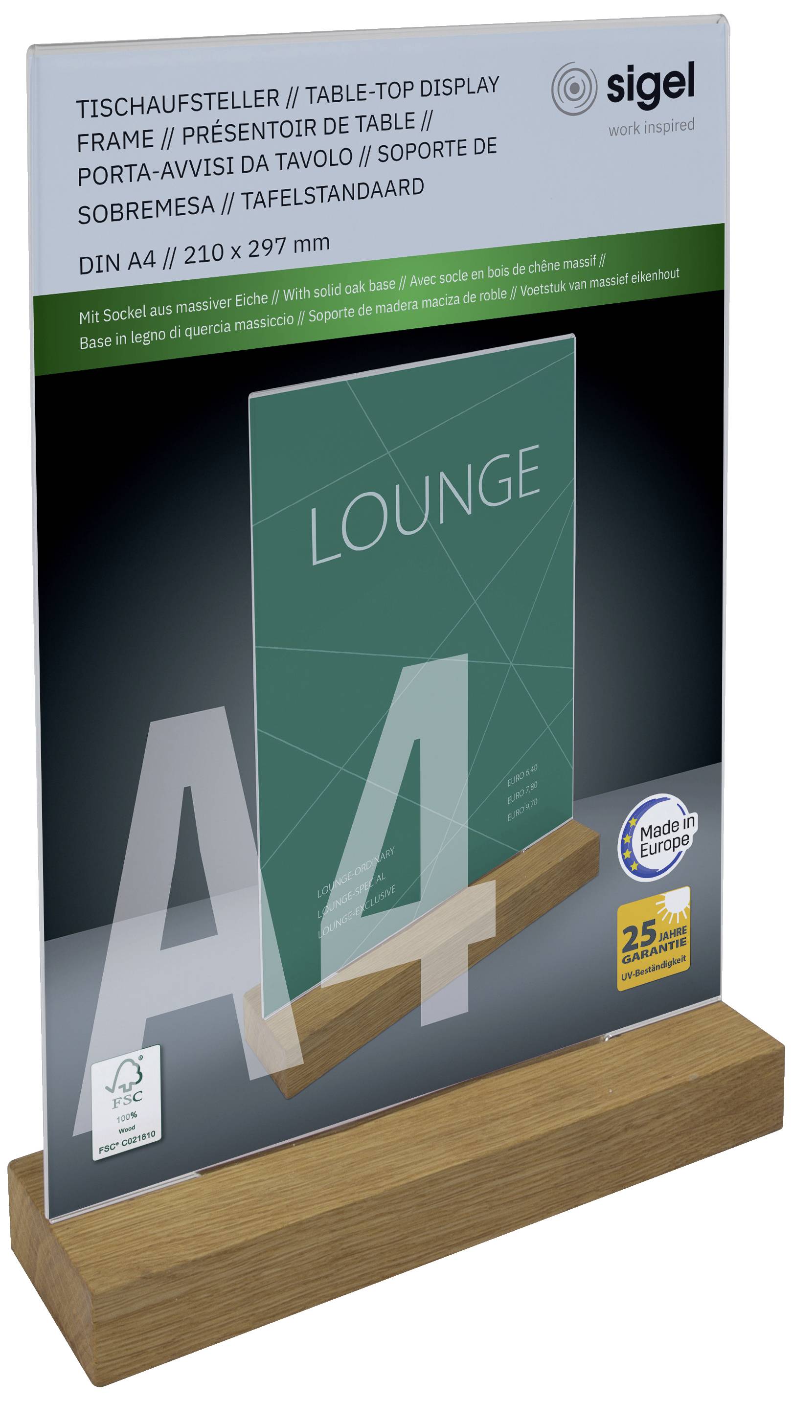 Sigel TA256 Tischaufsteller Verwendung für Papierformat: DIN A4 Glasklar, Holz 1St.
