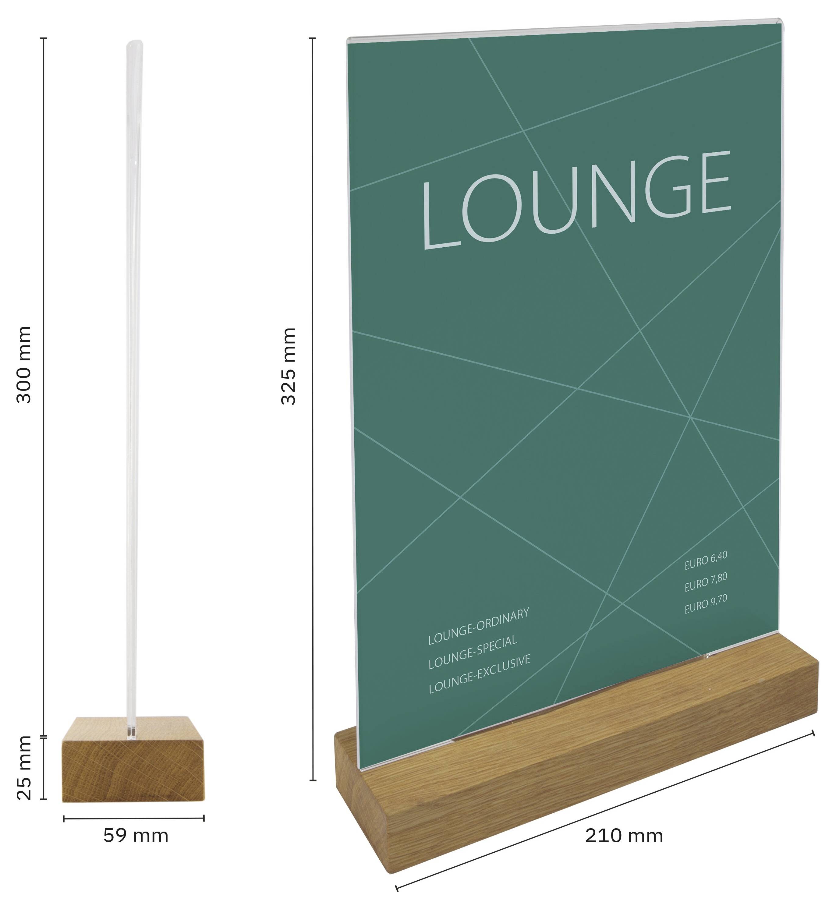 Dimensioniertes Tischaufstellerschild mit Holzsockel und weißem Pfosten, der ein türkisfarbenes "LOUNGE"-Schild hält; beschriftete Abmessungen in Millimetern dargestellt.