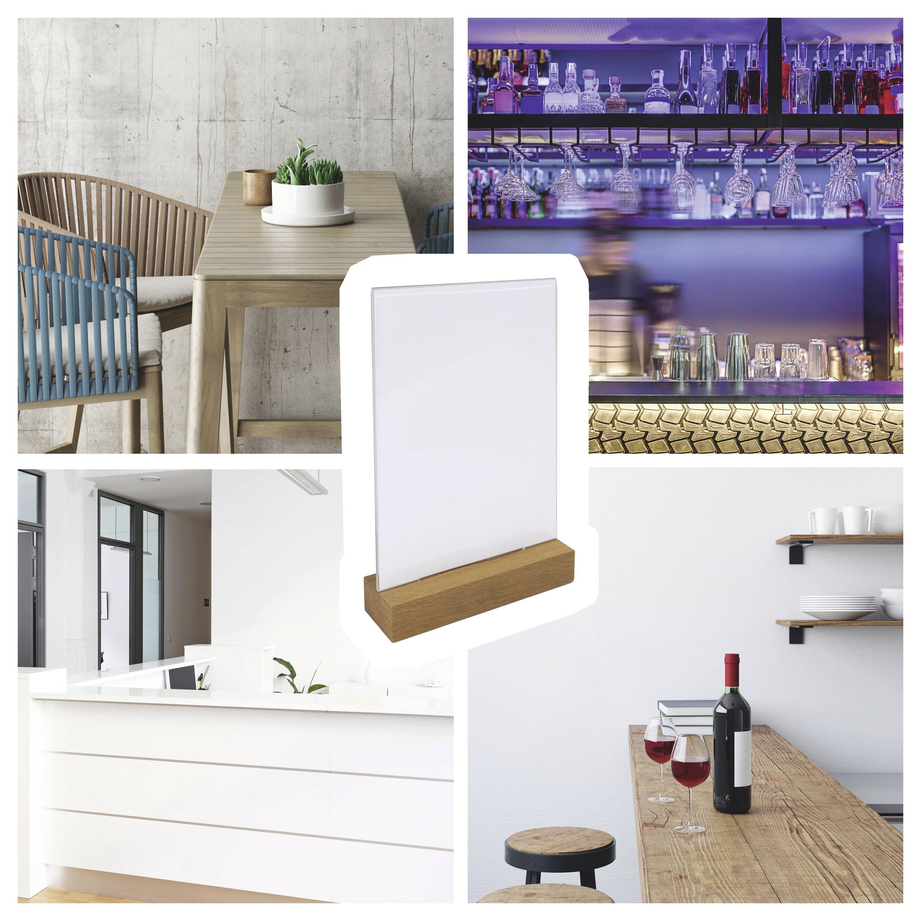 Collage mit einem Tischmenühalter oder Schild in einem modernen Café- und Bar-Interieur, mit einem leeren weißen Feld auf einer Holzbasis.