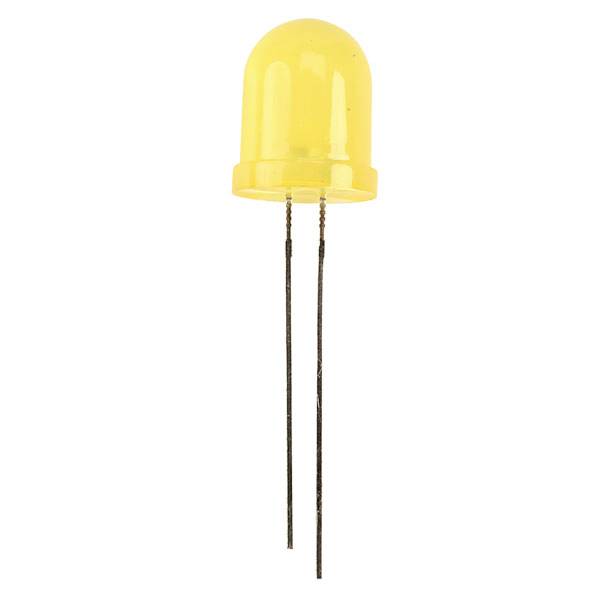 Gelbe LED-Diode mit zwei langen Metallbeinen, isoliert auf weißem Hintergrund.