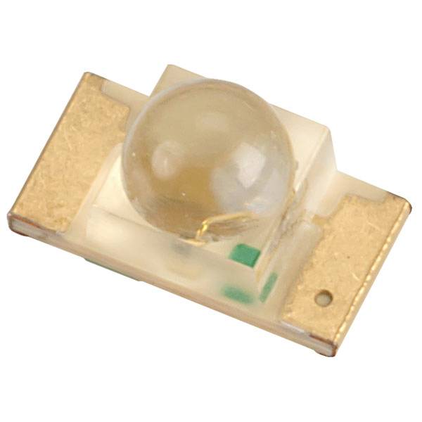 LED-Komponente mit transparentem Kuppelgehäuse und zwei goldfarbenen Anschlüssen, geeignet für elektronische Schaltungen.