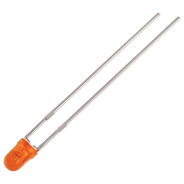Eine orangefarbene Leuchtdiode (LED) mit zwei langen Metallanschlüssen.