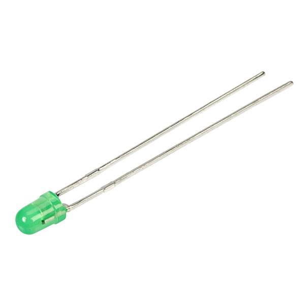 Eine grüne LED mit zwei Metallpins, die zur Stromversorgung dienen. Die LED wird häufig in elektronischen Schaltungen verwendet.