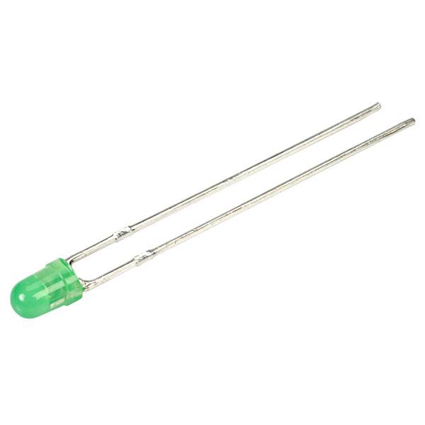 Grüne Leuchtdiode (LED) mit zwei langen Metallbeinen zur elektrischen Verbindung.