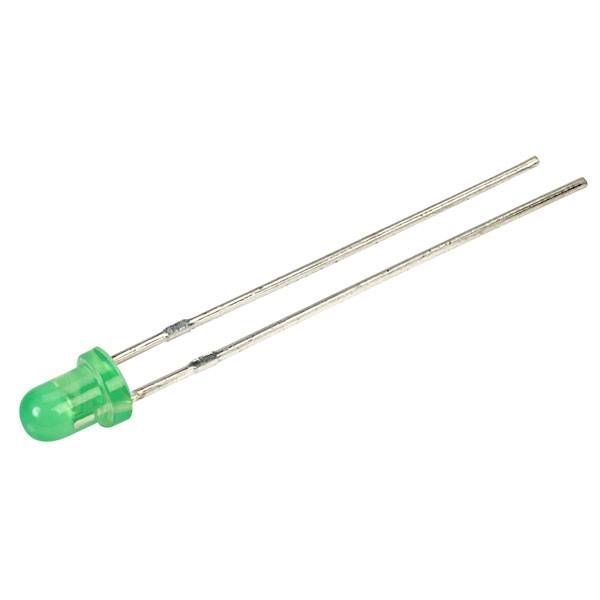 Eine grüne Leuchtdiode (LED) mit zwei Metallanschlüssen, die zur Verwendung in elektrischen Schaltungen bereit ist.