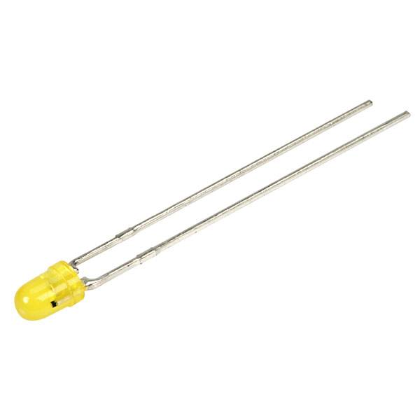 Eine gelbe LED mit zwei langen Metallbeinen, die zur Verwendung in elektronischen Schaltungen bereit ist.