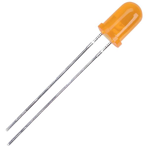 Eine orangefarbene Leuchtdiode (LED) mit zwei Metallbeinen auf weißem Hintergrund.