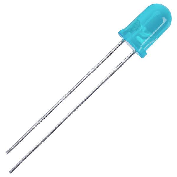 Eine blaue LED mit zwei metallischen Anschlüssen, die für elektronische Schaltungen verwendet wird.