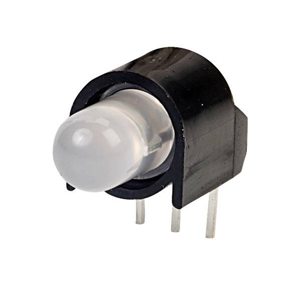 Eine LED mit schwarzer Kunststoffhalterung und drei silbernen Anschlusspins. Sie ist für den Einsatz in elektronischen Schaltungen geeignet.