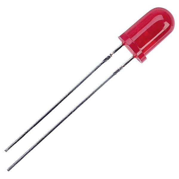 Eine rote Leuchtdiode (LED) mit zwei langen Metallbeinen, verwendet zur Anzeige von Stromfluss in elektrischen Schaltkreisen.