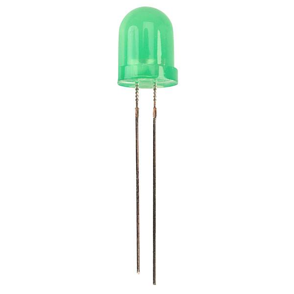 Eine grüne LED-Diode mit zwei Metallanschlüssen.