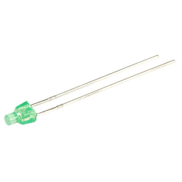 Ein grüner LED-Dioden-Leuchtkörper mit zwei langen Metallanschlüssen, die zur elektrischen Verbindung dienen.