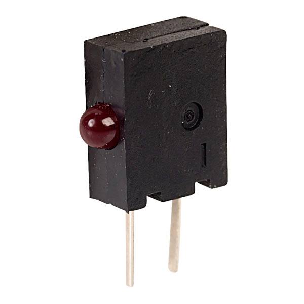 Ein schwarzer optischer Sensor mit zwei Metallstiften und roter Kuppel, verwendet zur Lichtdetektion in elektronischen Geräten.