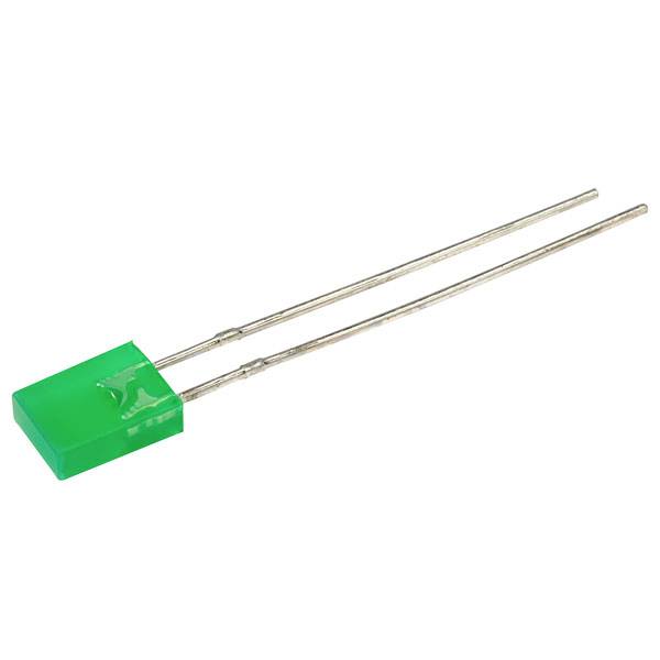 Ein grüner LED, rechteckige Form, mit zwei langen, silbernen Anschlussdrähten, die als elektrisches Bauteil verwendet wird.