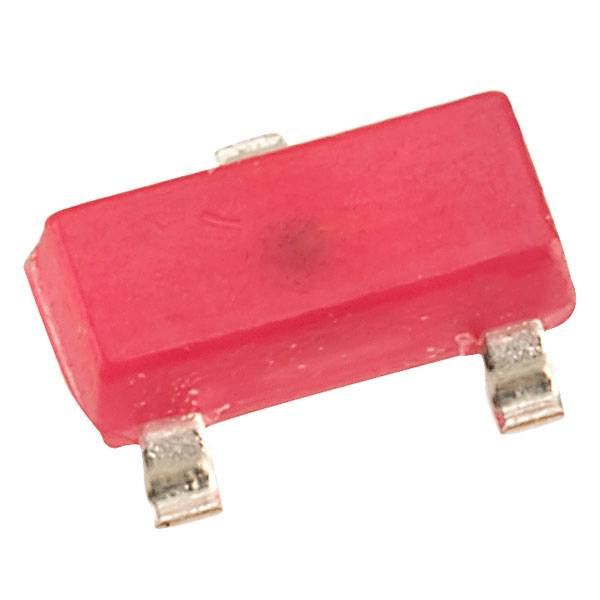 Rote, rechteckige, elektronische Komponente mit zwei Metallanschlüssen, möglicherweise ein SMD-Widerstand oder ein ähnliches Bauteil.