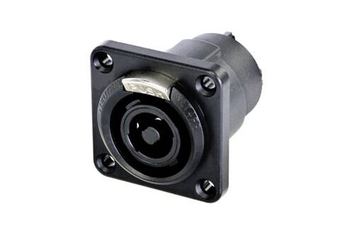 Schwarze, rechteckige Steckverbindung mit vier Schraublöchern, geeignet für Audio- oder elektrische Geräte, ohne sichtbaren Kabelanschluss.
